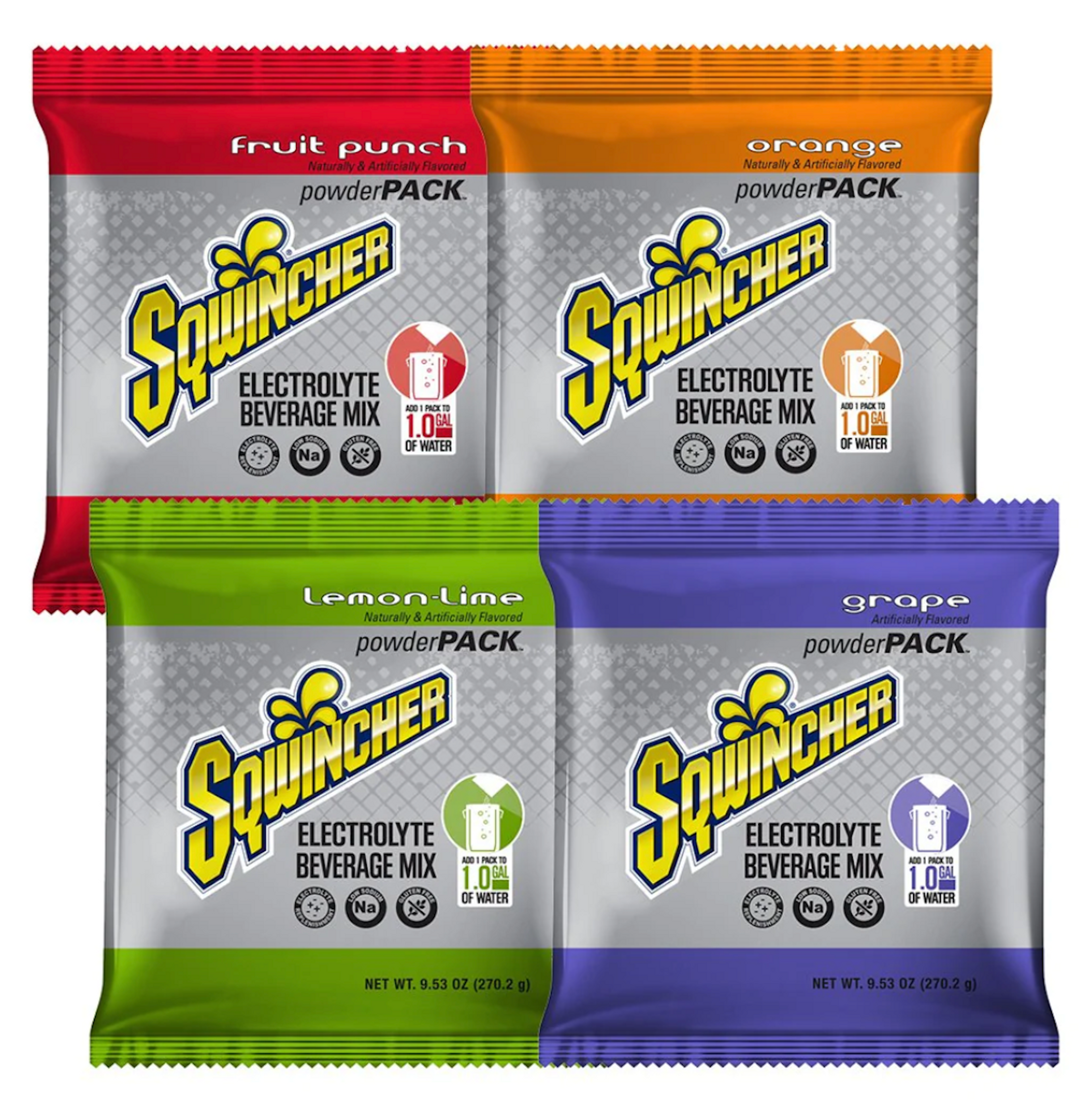 Sqwincher PowderPack Professional Grade Hydration Electrolyte Replenishment Drink Mix, Assorted Flavors, 9.53 oz., X384-MC600, Box of 20