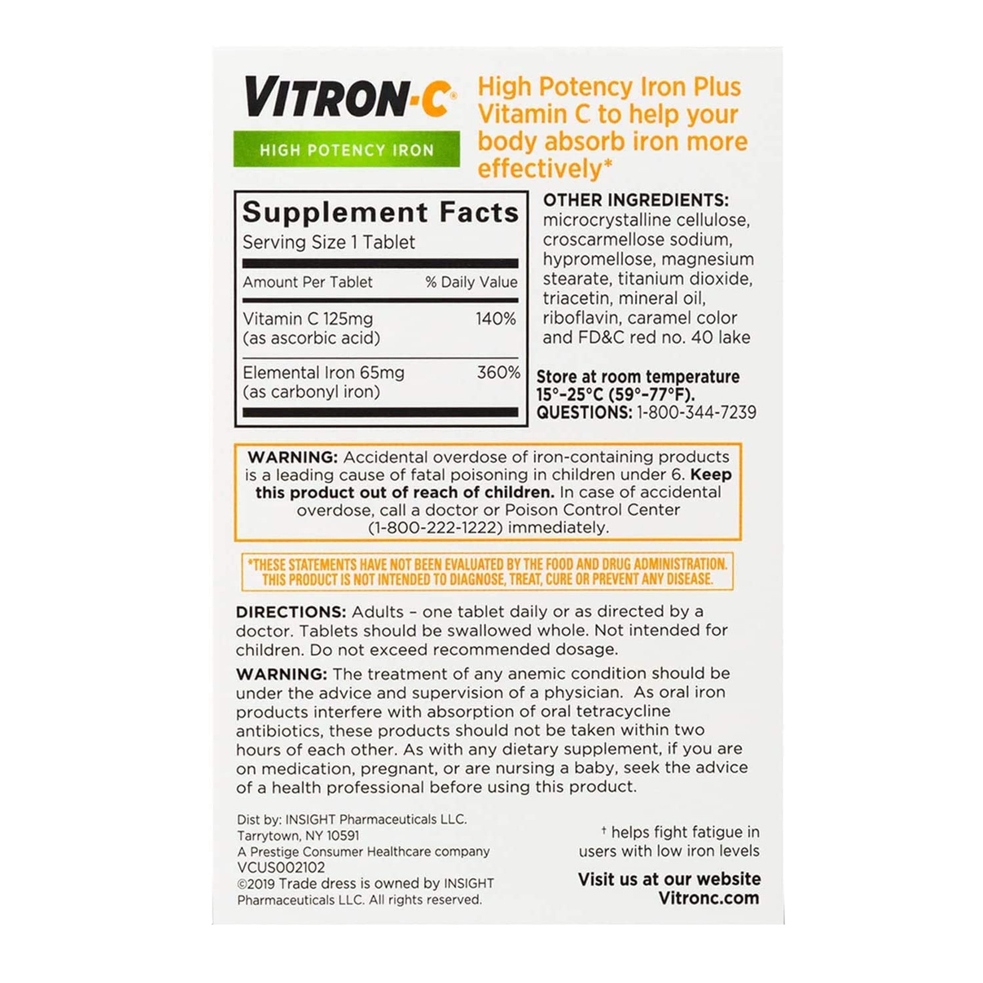 Vitron-C High Potency Iron Dietary Supplement Plus Vitamin C, 125 mg - 65 mg, 60 Tablets, 63736012301, 1 Bottle