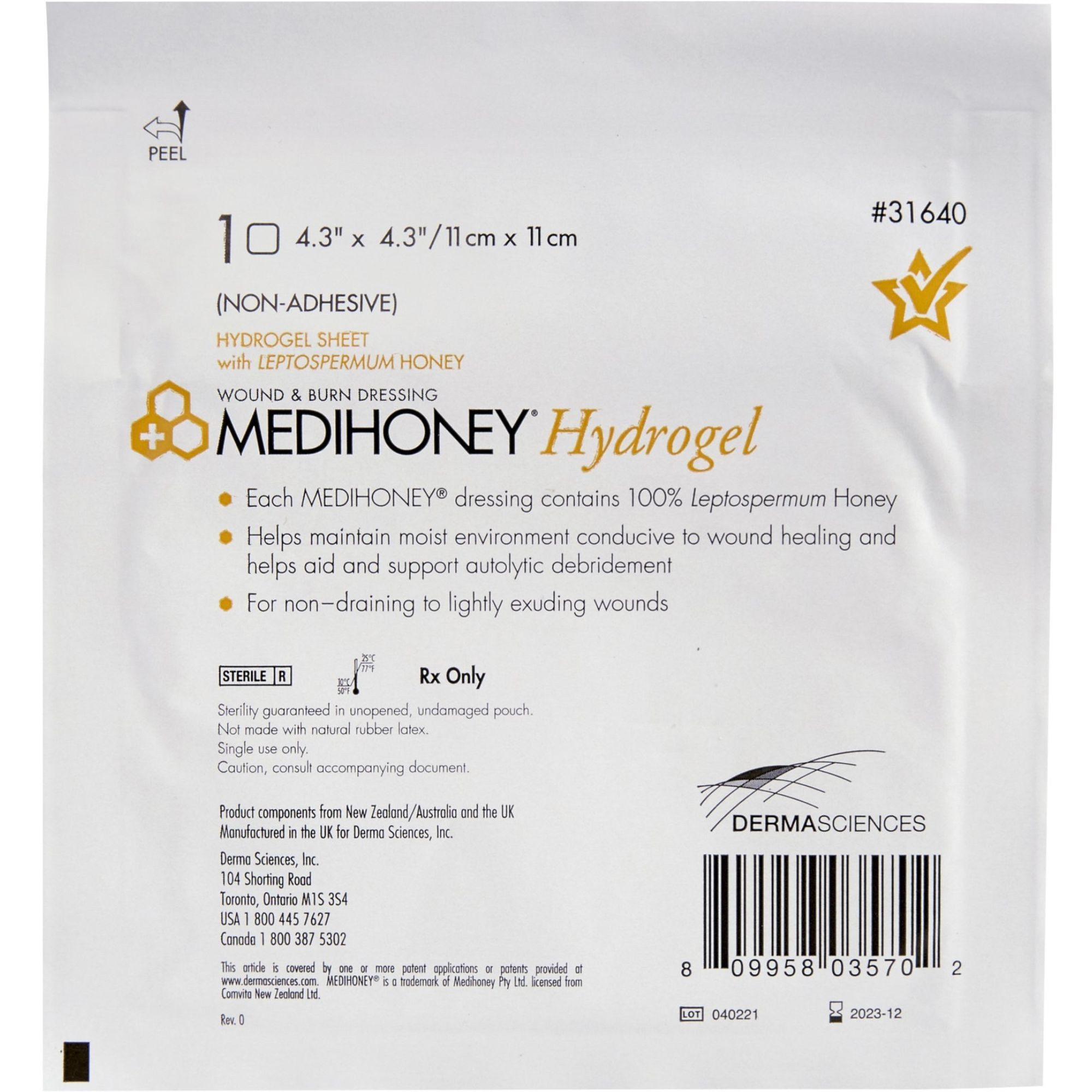 Medihoney Hydrogel Dressing, 4.3 X 4.3", 31640, Box of 10