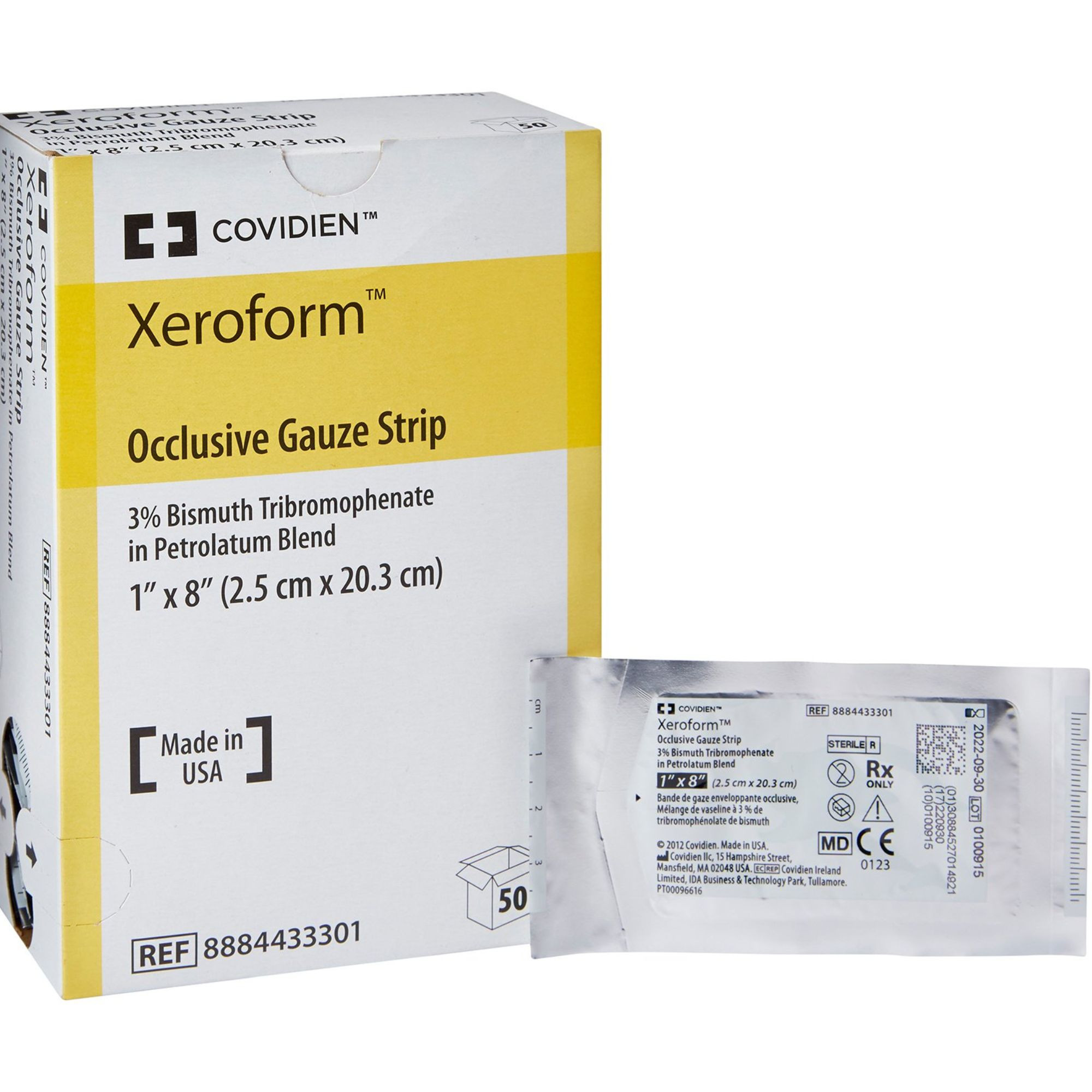Cardinal Xeroform Occlusive Gauze Strip, 1 X 8", 8884433301, Box of 50