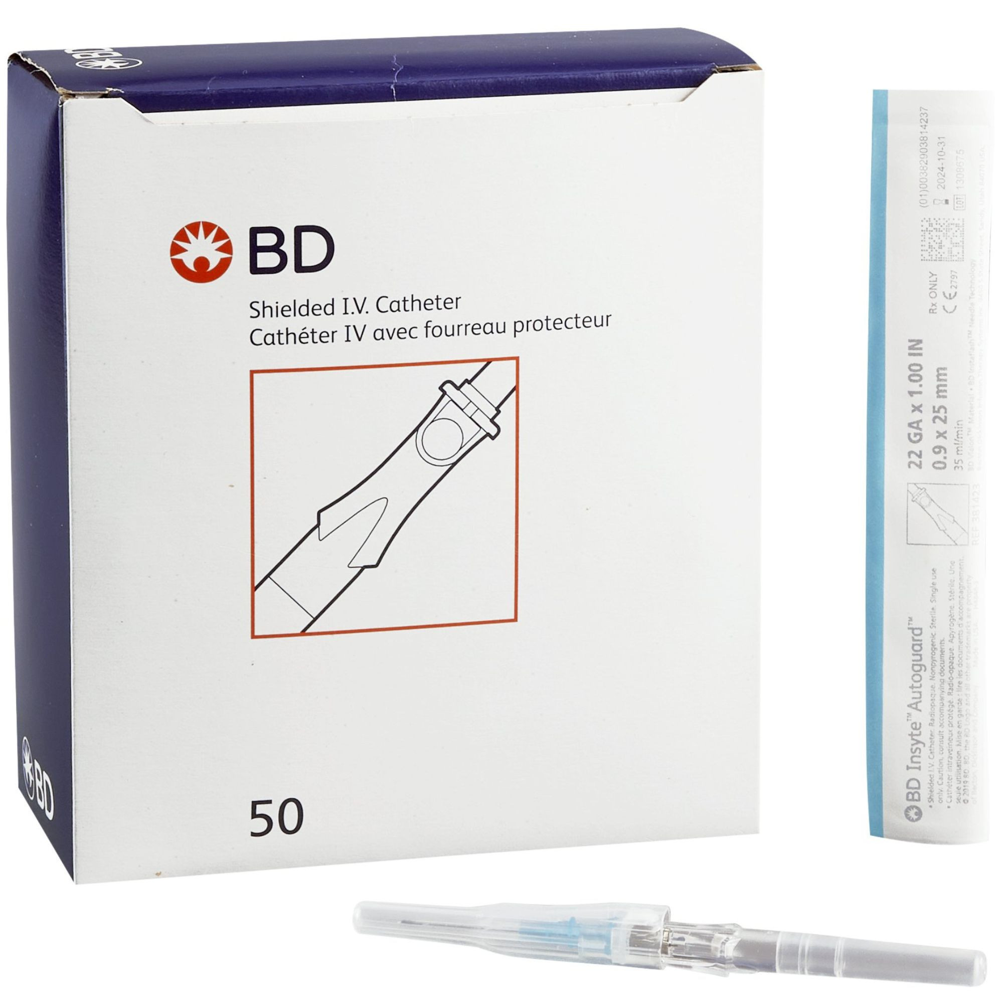 BD Insyte Autoguard Shielded IV Catheter, Straight Hub, 22 Gauge