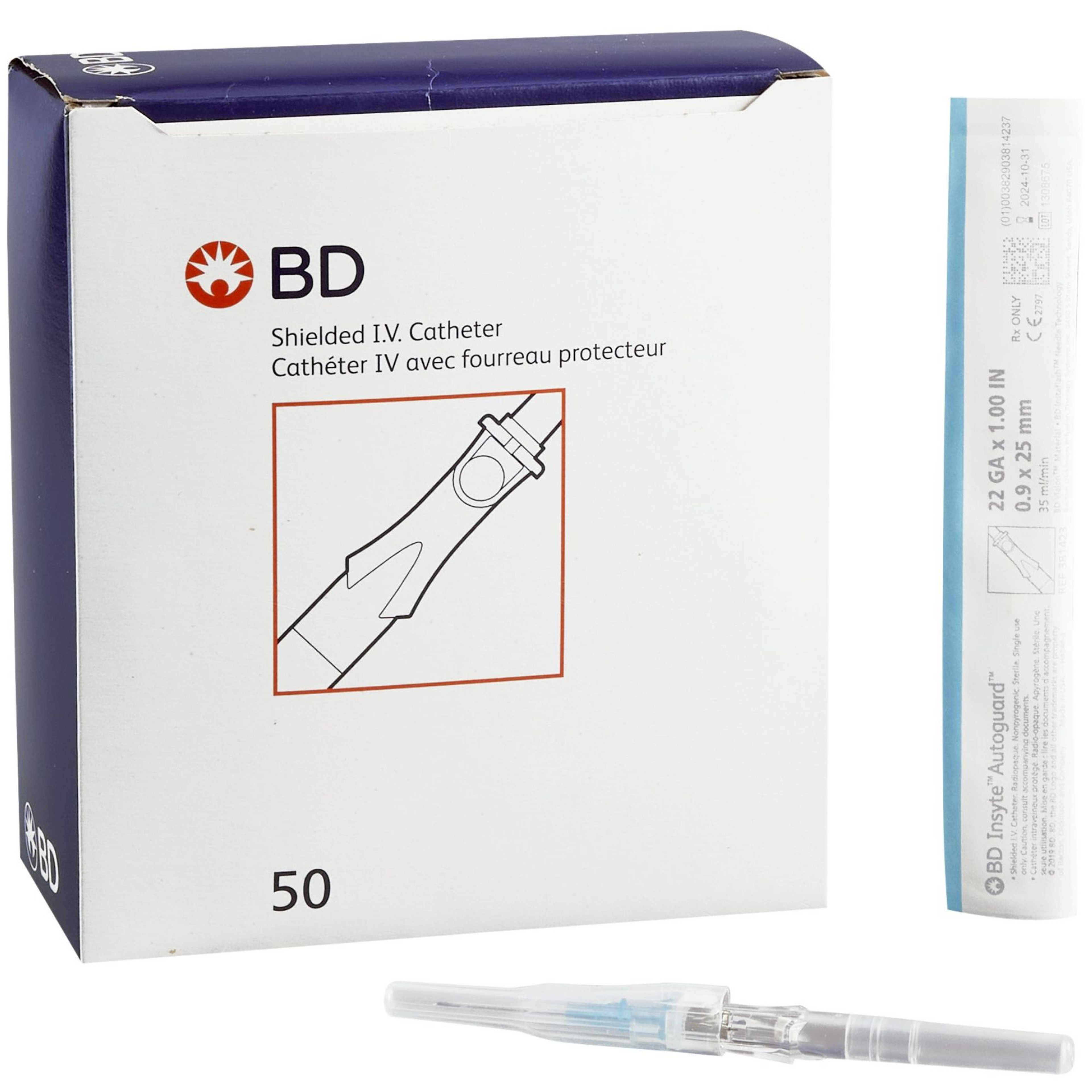 BD Insyte Autoguard Shielded IV Catheter, Straight Hub, 22 Gauge