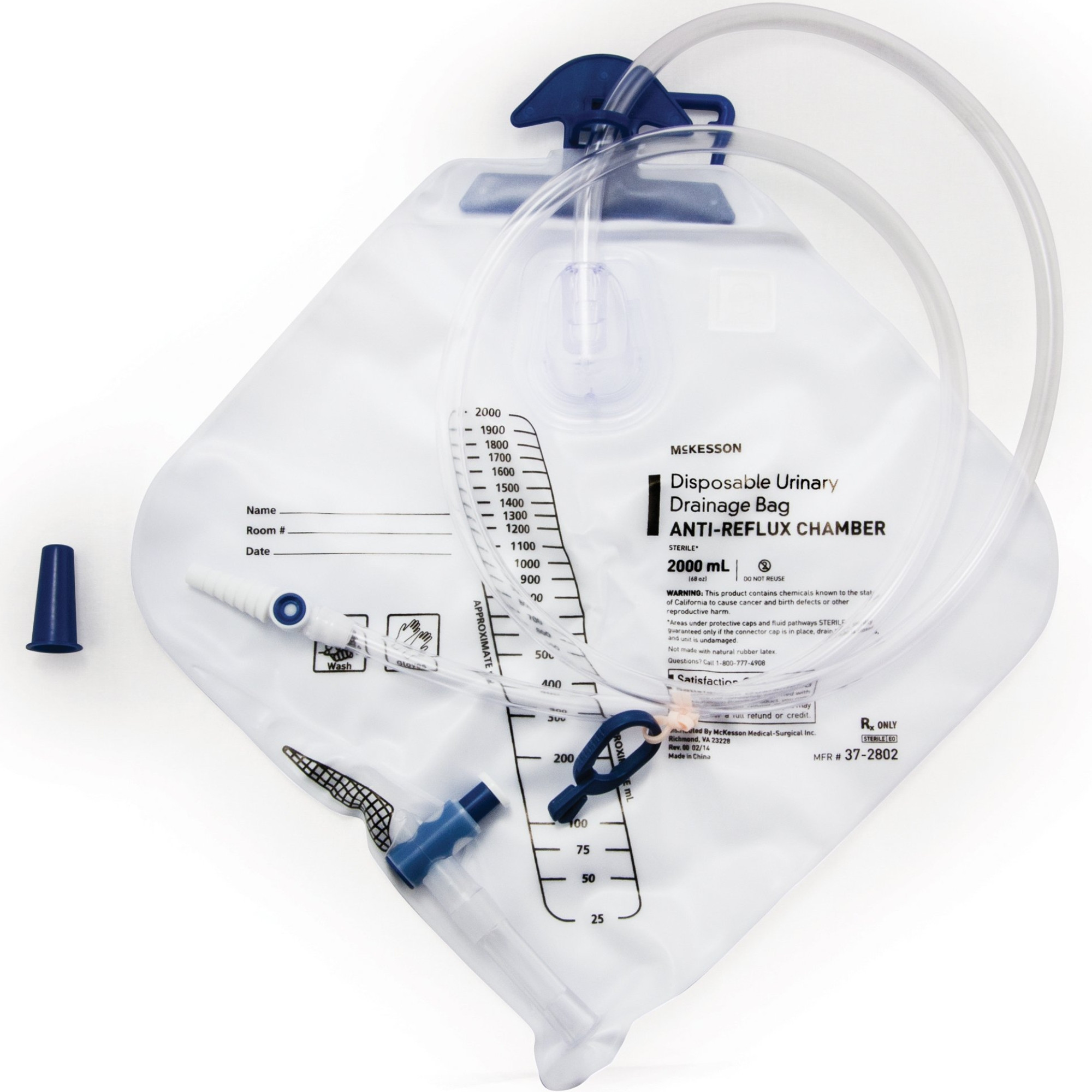 McKesson Urinary Drain Bag, Anti-Reflux Valve, 2000 mL