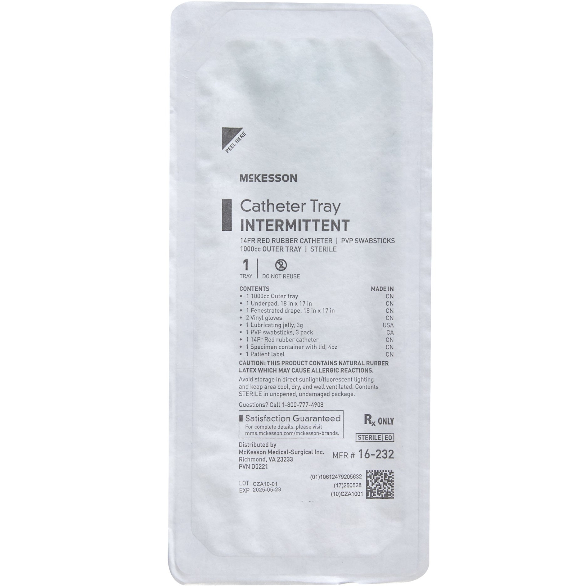 McKesson Urethral Intermittent Catheter Tray, Without Balloon, 14 Fr. Rubber Catheter