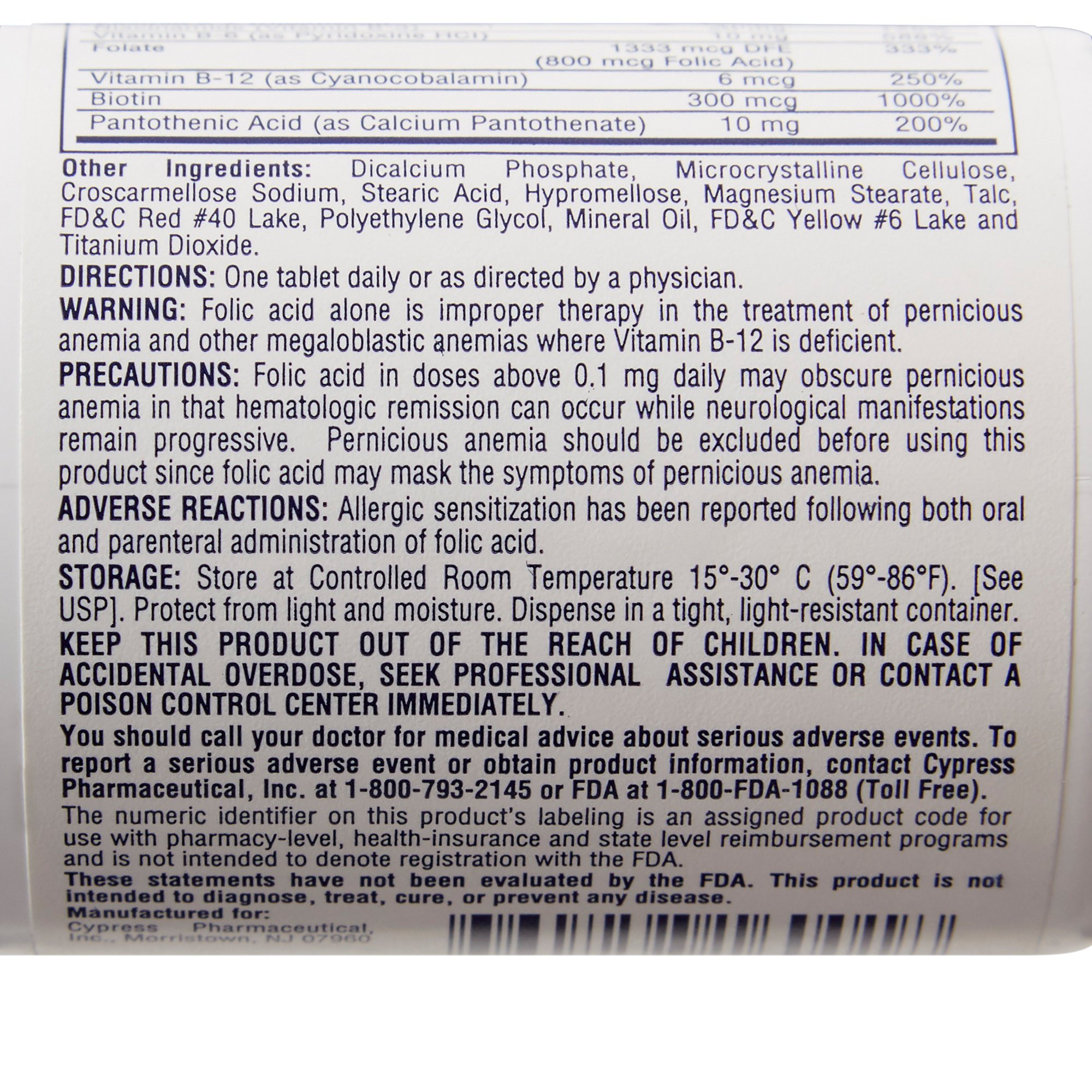 Rena-Vite Folic Acid/Vitamin B Dietary Supplement, 0.8 mg, 100 Tablets, 60258016001, 1 Bottle