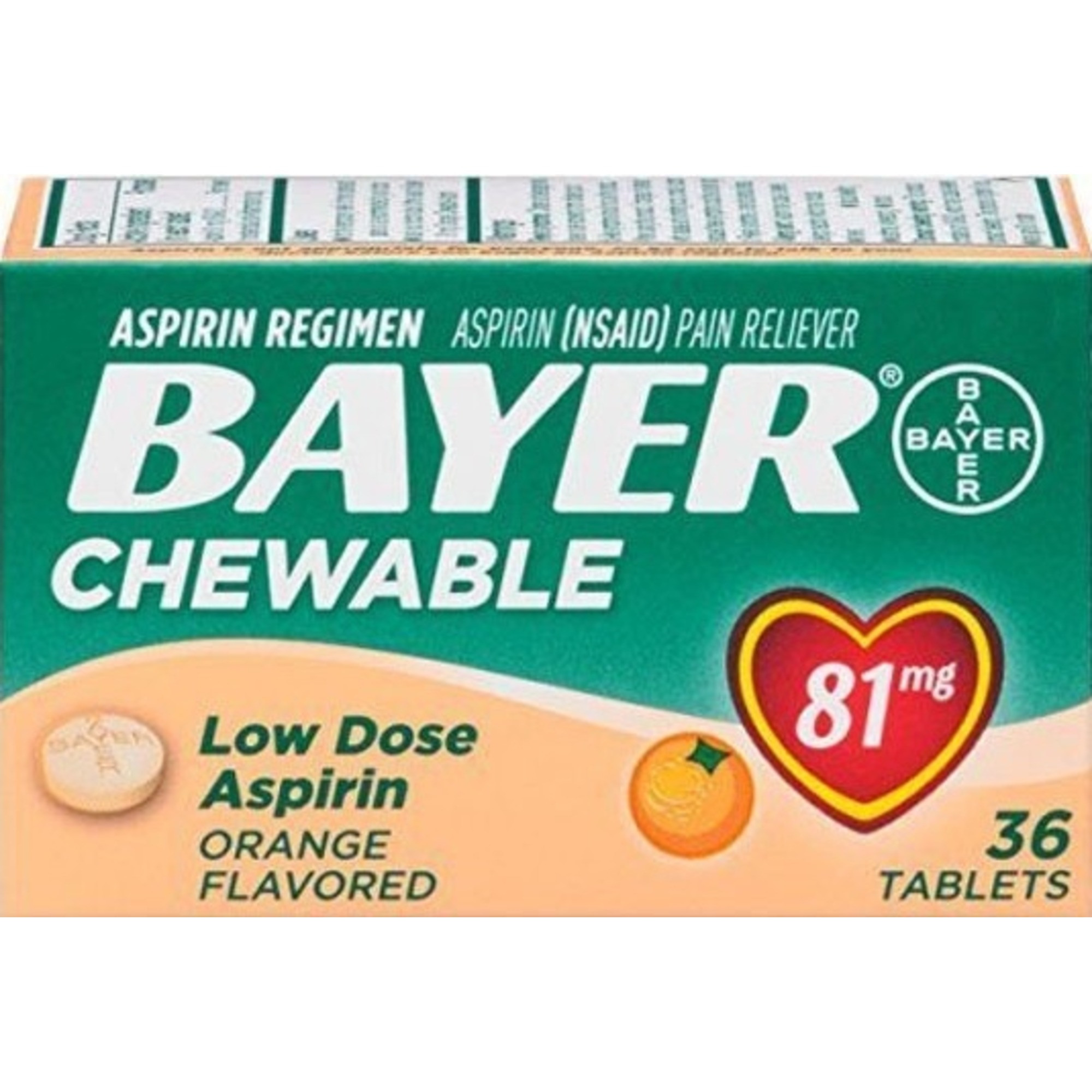 Bayer Chewable Low Dose Aspirin, Orange Flavored, 81 mg, 36 Tablets