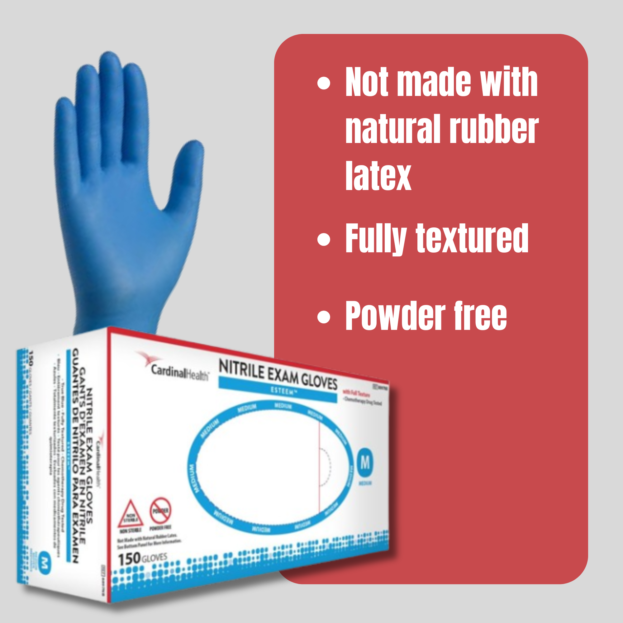 Cardinal Health Esteem Stretch Nitrile Exam Gloves, Powder-Free, 8895NB, X-Small - Box of 150