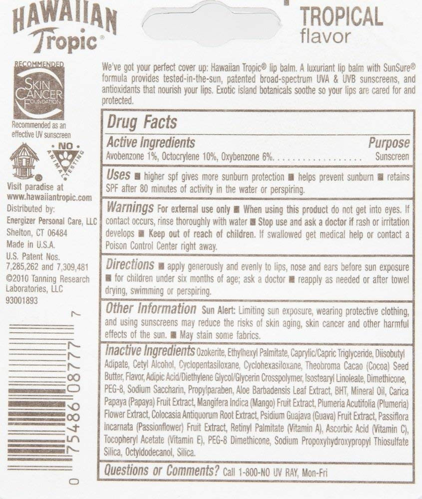 Hawaiian Tropic Tropical Lip Balm with SPF 45+, 0.14 oz