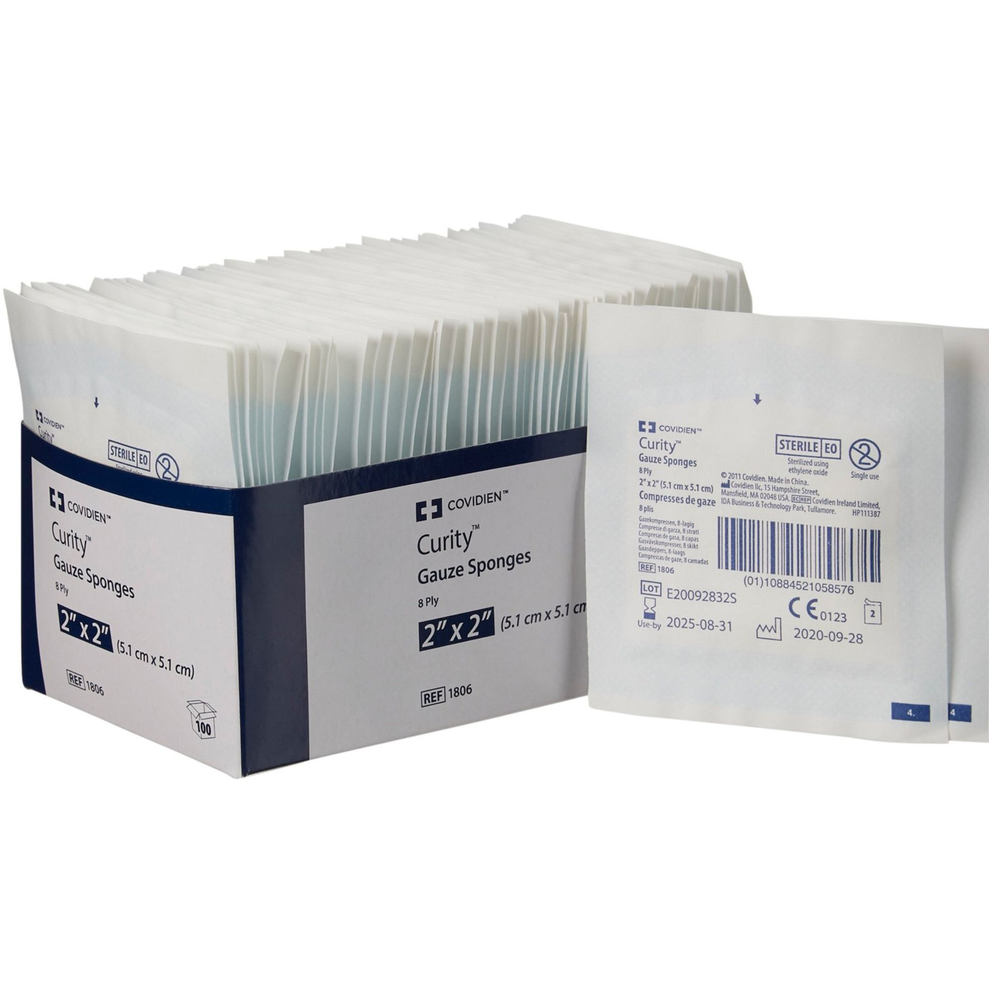 Cardinal Health Curity Gauze Sponge, Sterile, 8-Ply, 2 X 2", 1806, Pack of 50