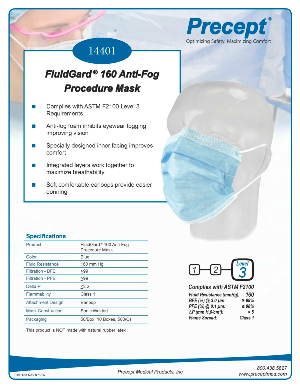 FluidGard Anti-fog Procedure Mask, One Size Fits Most, 14401, Specifications
