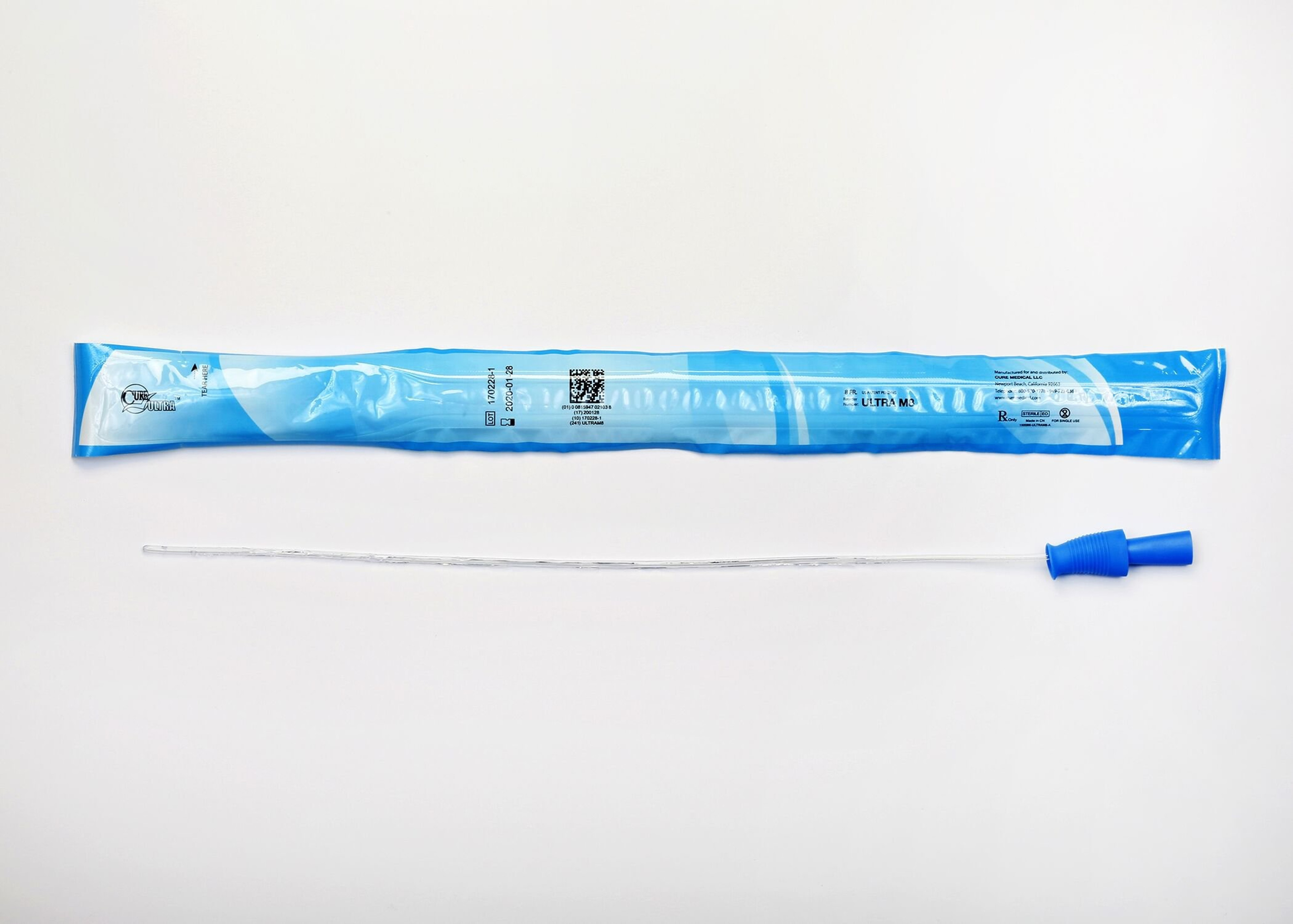 Cure Ultra Urethral Catheter, Male, Straight Tip, Lubricated PVC, 16", ULTRAM8, 8 Fr. - Box of 30