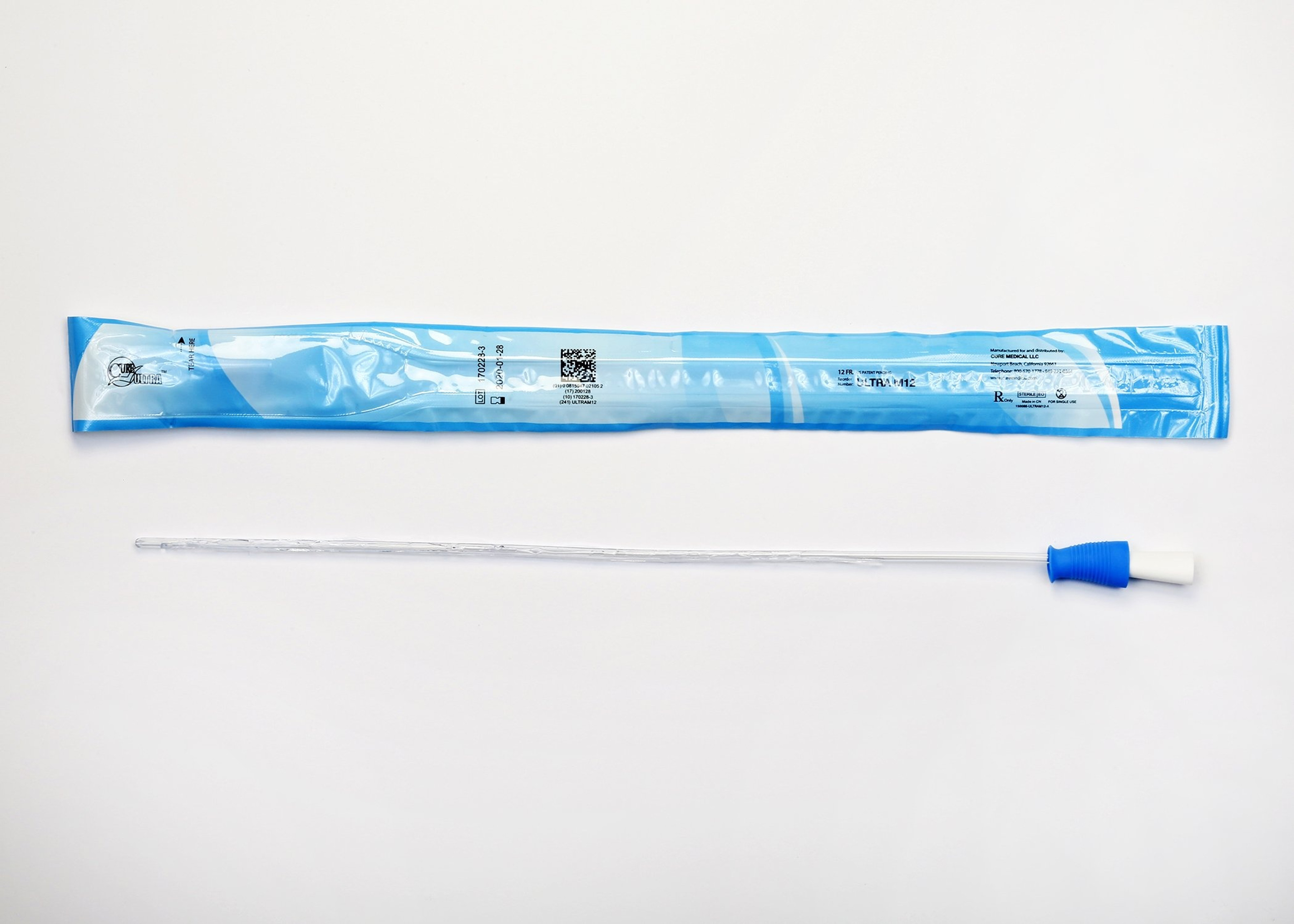 Cure Ultra Urethral Catheter, Male, Straight Tip, Lubricated PVC, 16", ULTRAM12, 12 Fr.  - Box of 30