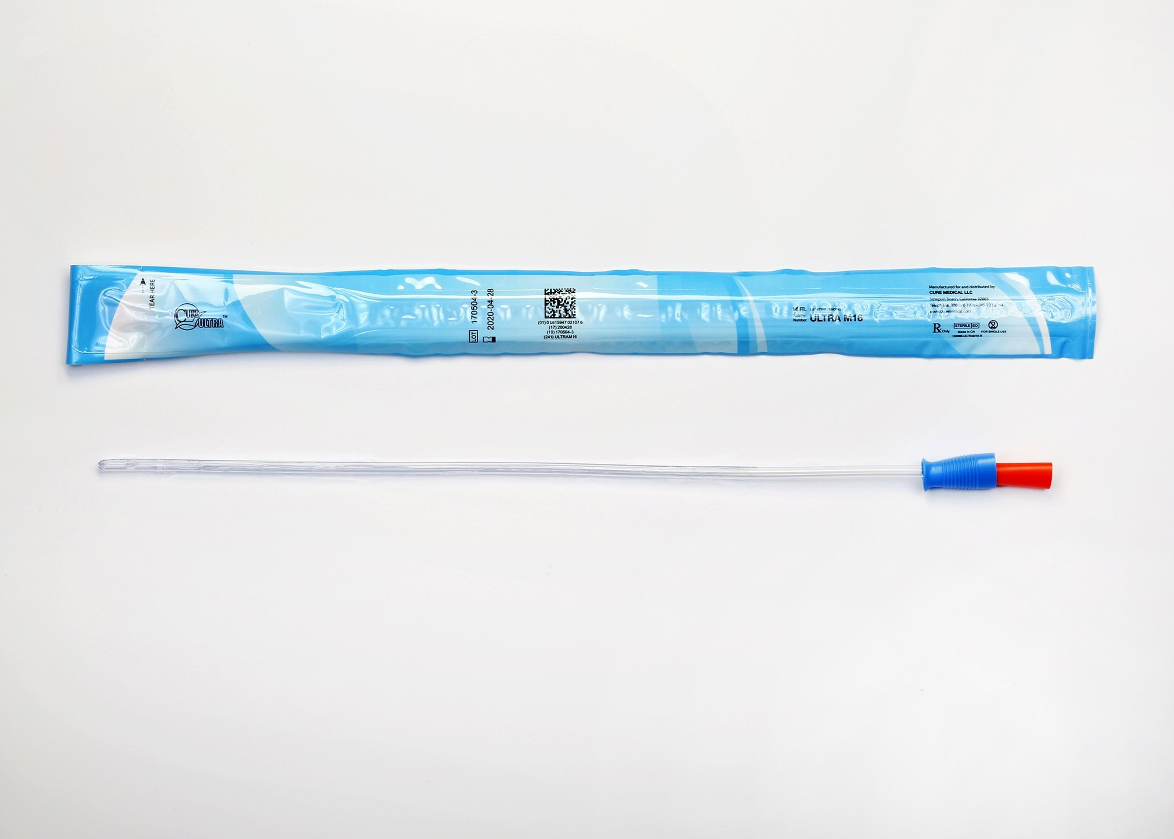 Cure Ultra Urethral Catheter, Male, Straight Tip, Lubricated PVC, 16", ULTRAM16, 16 Fr. - Box of 30