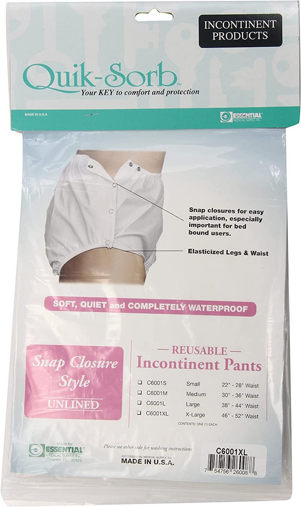 Essential Medical Quik-Sorb Snap Closure Incontinence Pant