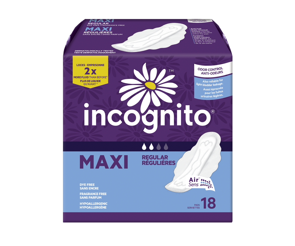 Incognito Maxi Pad with Wings, Regular Absorbency, 10006610, Case of 216 (12 Bags)