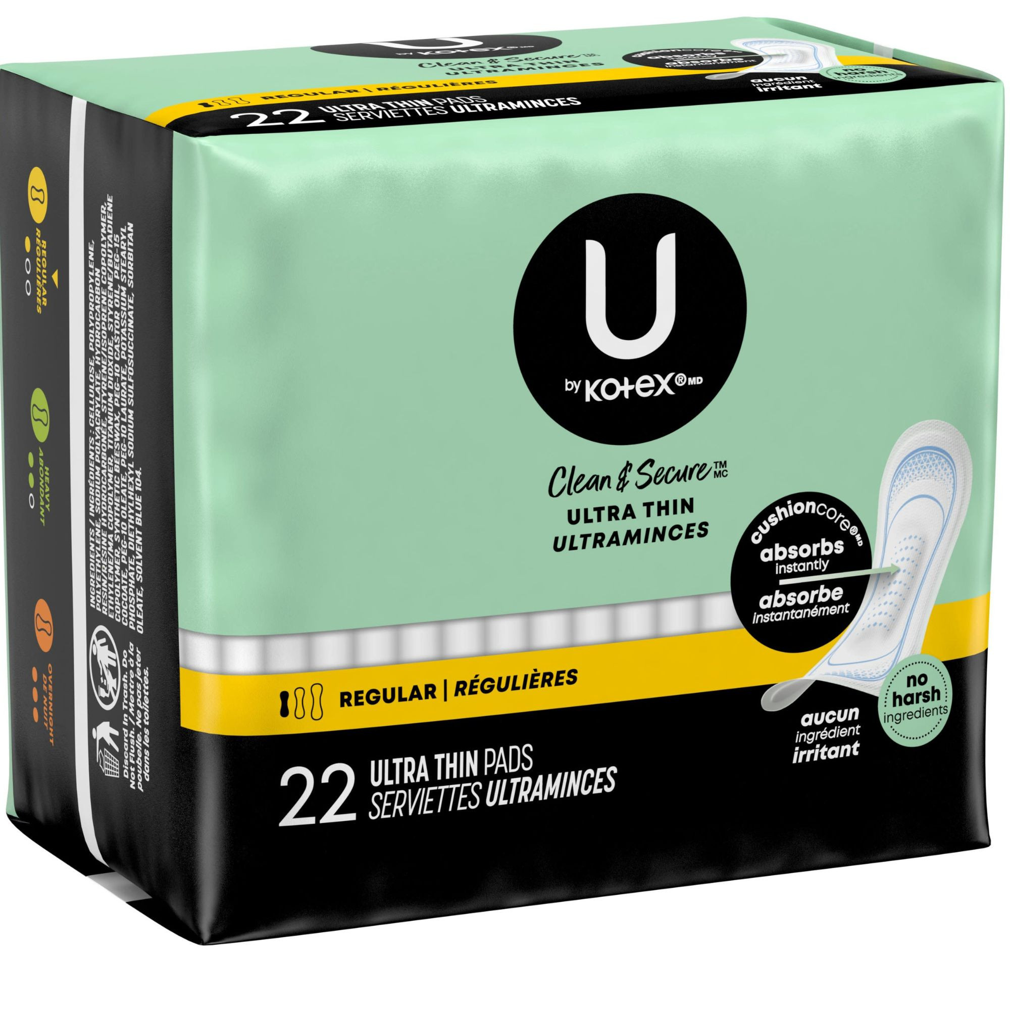 U by Kotex Clean & Secure Ultra Thin Pads, Regular Absorbency