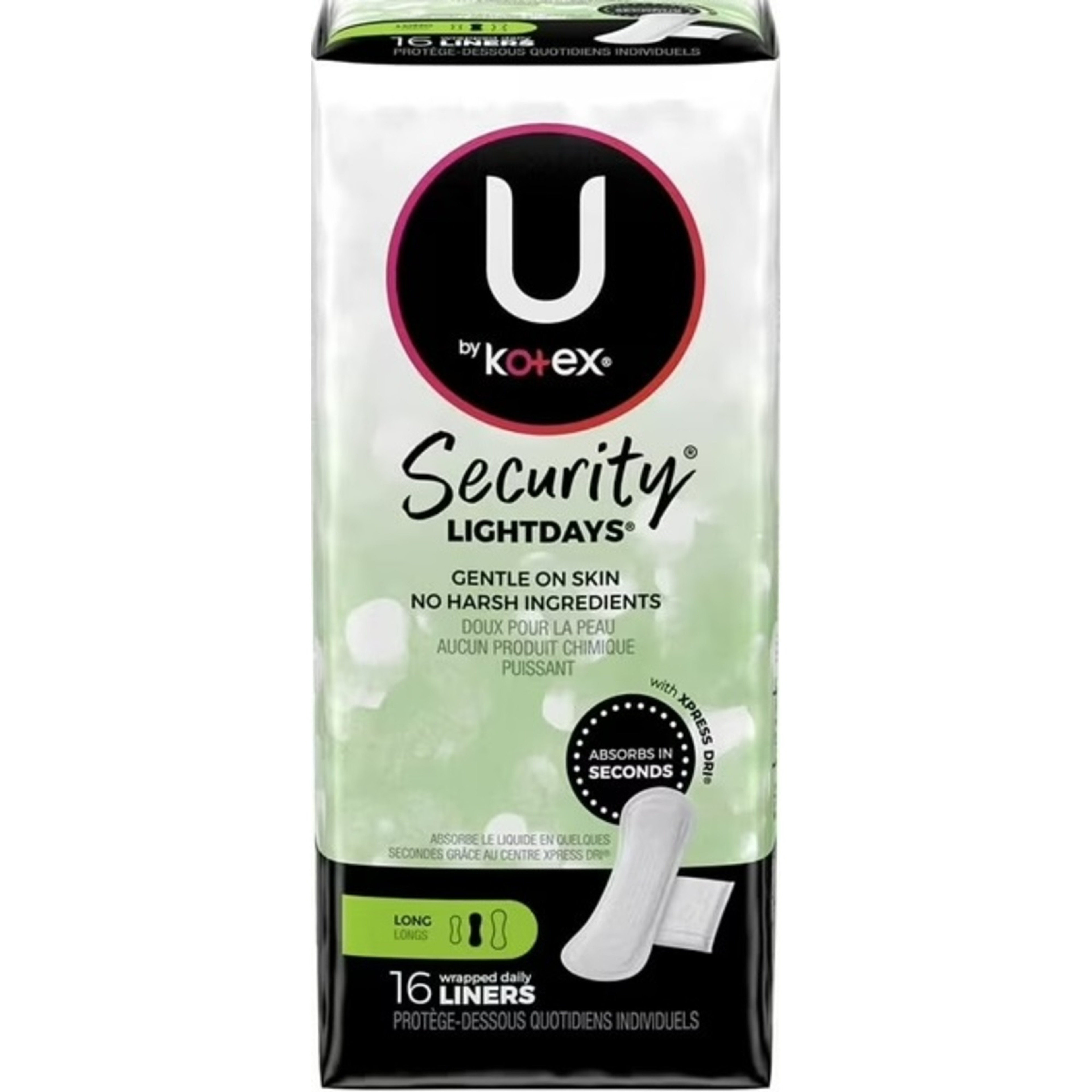 U by Kotex Light Days Panty Liner, Long, Regular Absorbency, 03600001247, Case of 12