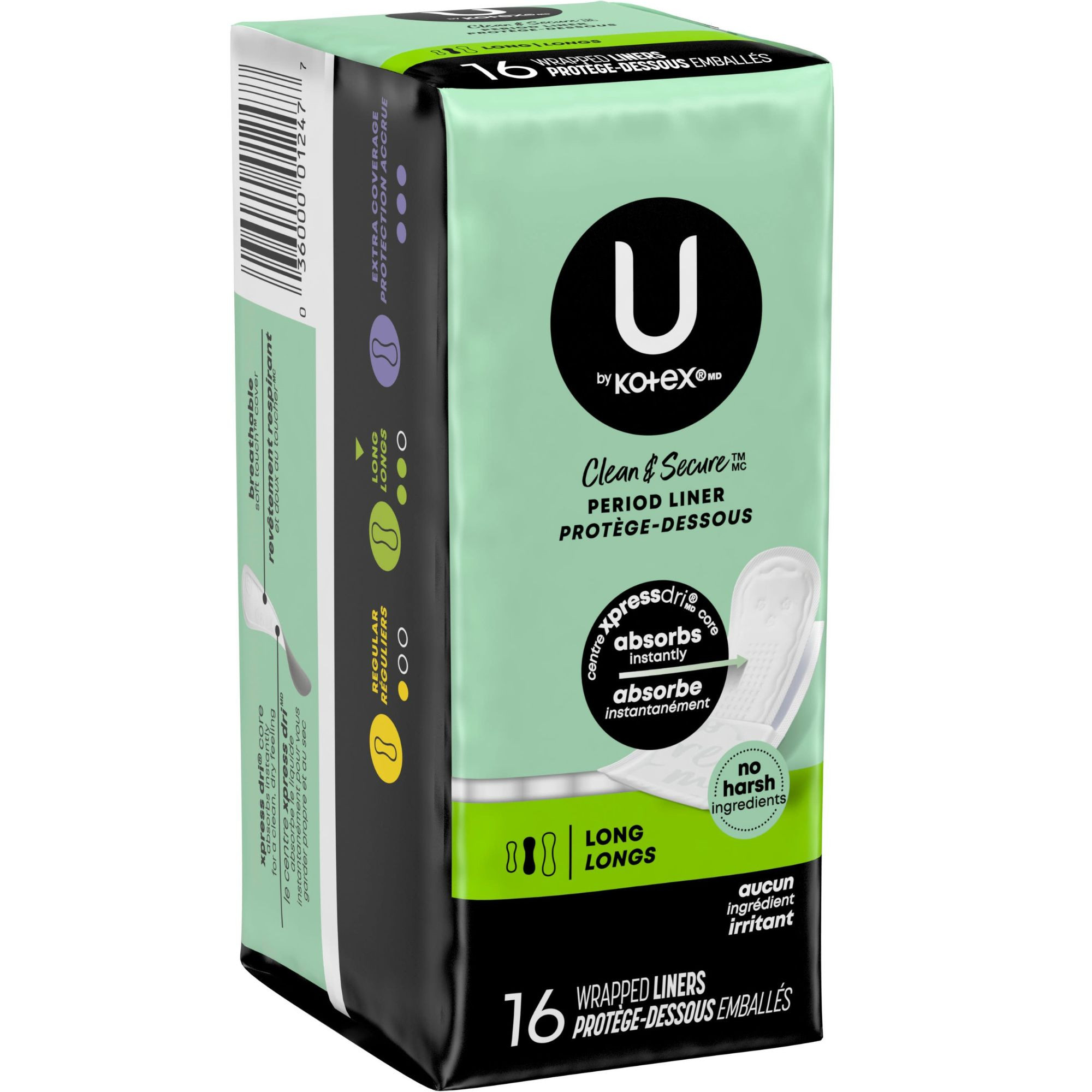U by Kotex Light Days Panty Liner, Long, Regular Absorbency, 03600001247, Case of 12
