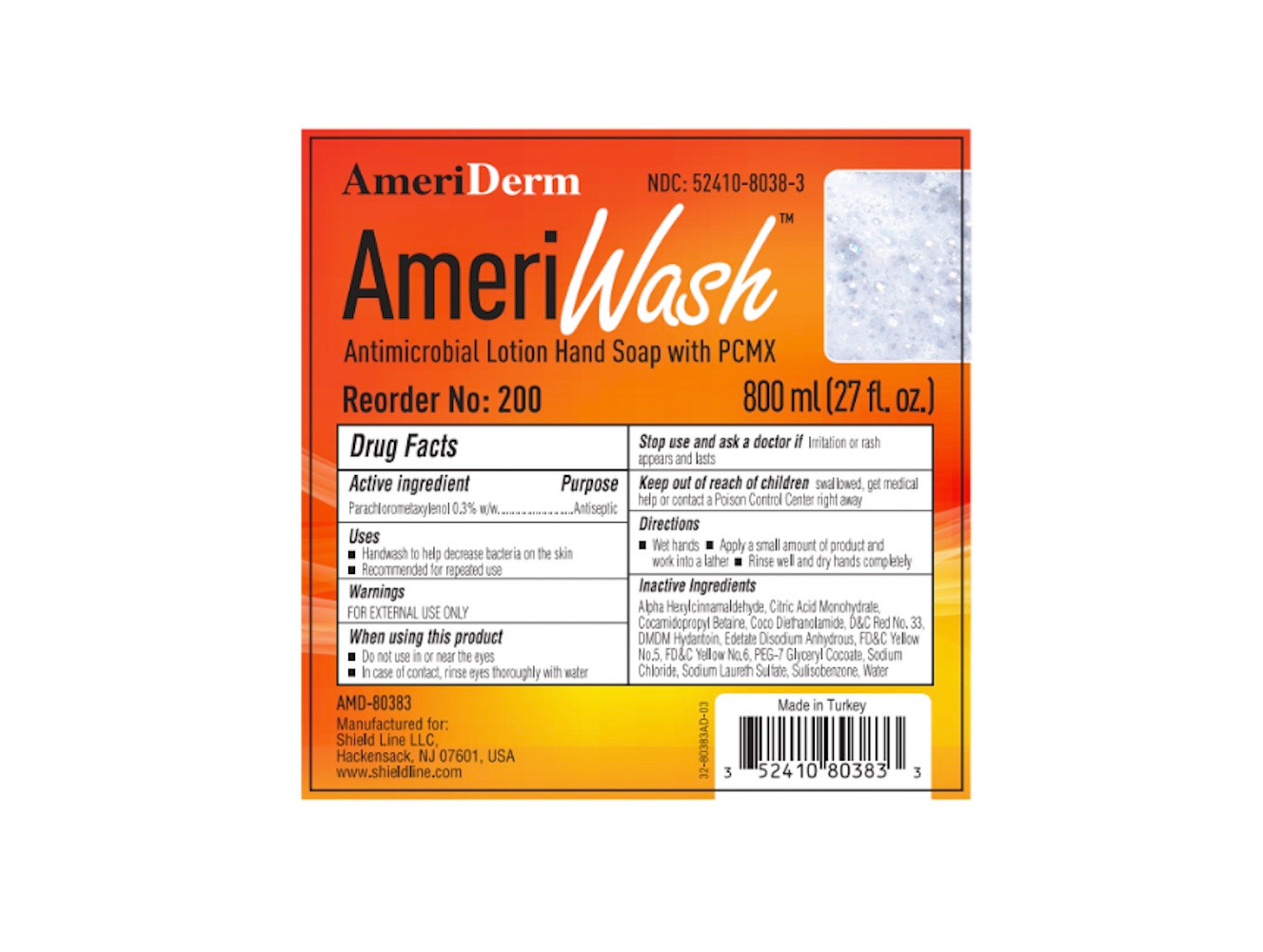 Ameriderm AmeriWash Anti-Microbial Lotion Soap with Triclosan, 200, 1 Each