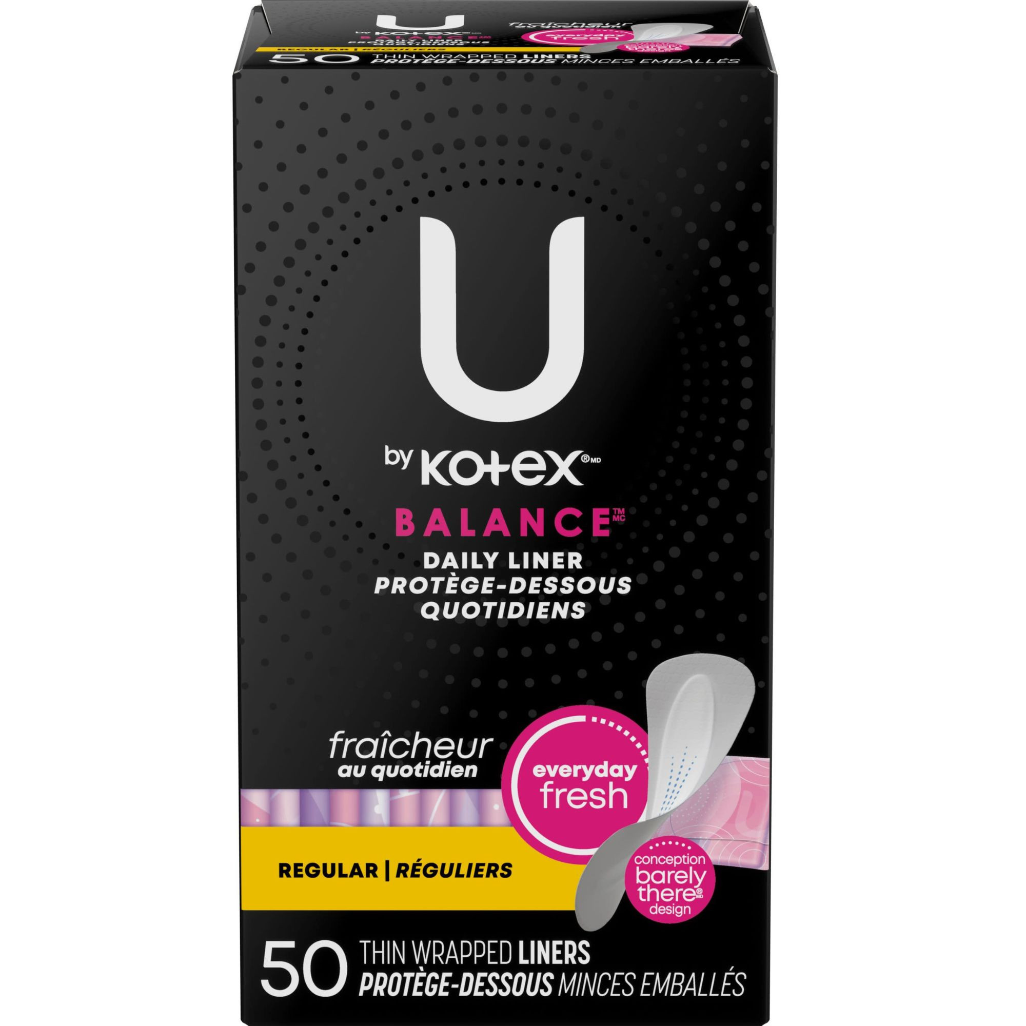 U by Kotex Barely There Panty Liner, Regular Absorbency, 42489, Pack of 50