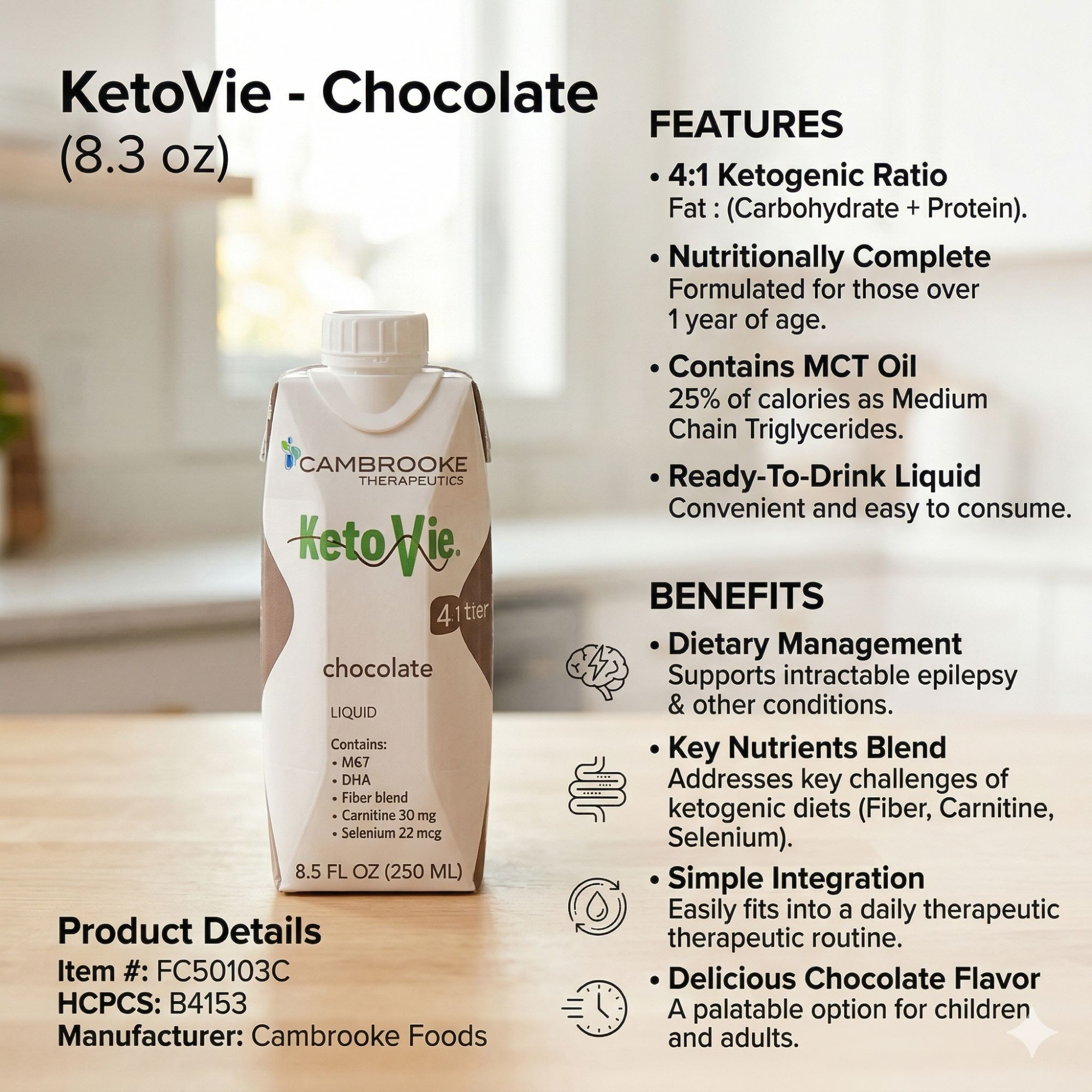 Cambrooke KetoVie 4:1 Ketogenic Oral Supplement, Chocolate, 8.5 oz., 50103, 1 Each