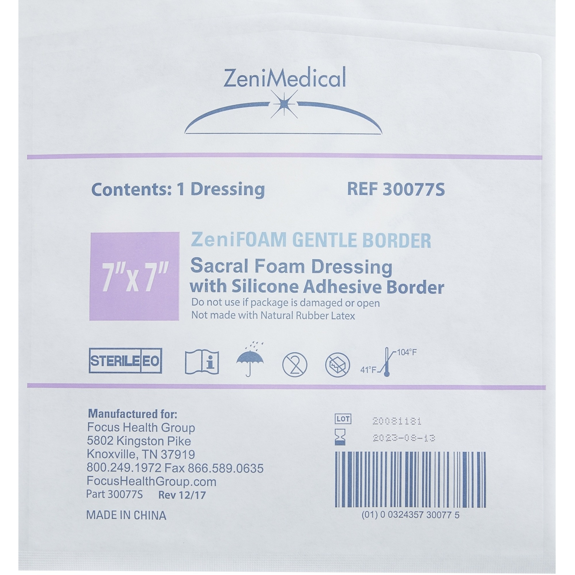 ZeniMedical ZeniFoam Gentle Border Sacral Foam Dressing with Silicone Adhesive Border, 7 X 7"