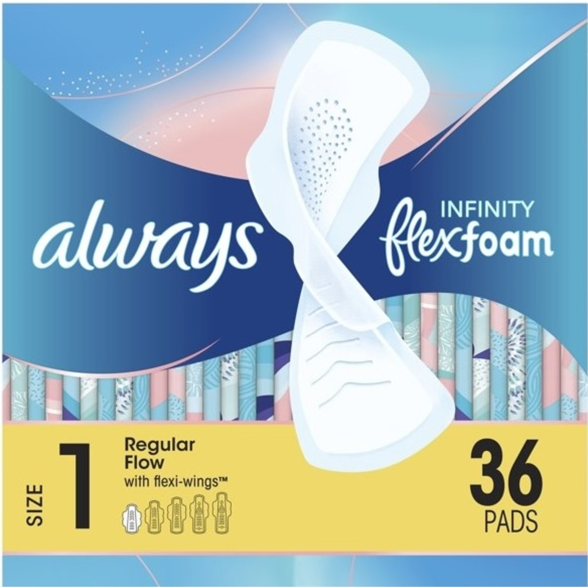 Always Infinity Pads with Wings, Size 1, Unscented, Regular Absorbency, 80348117, Pack of 36