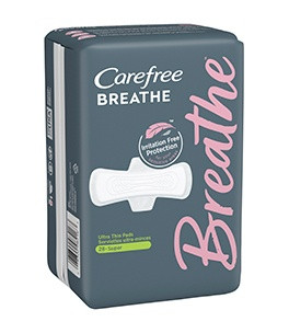 Carefree Breathe Ultra Thin with Wings Pads, Super Absorbency, 08216, Pack of 28