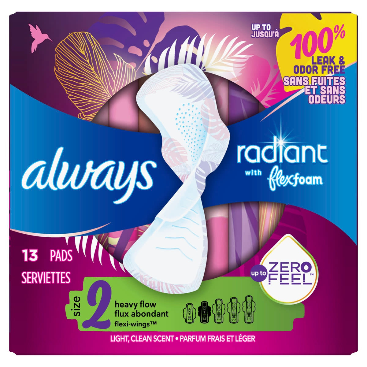Always Radiant Pads, Size 2, Light Clean Scent, Heavy Flow Absorbency, 80348181, Pack of 26