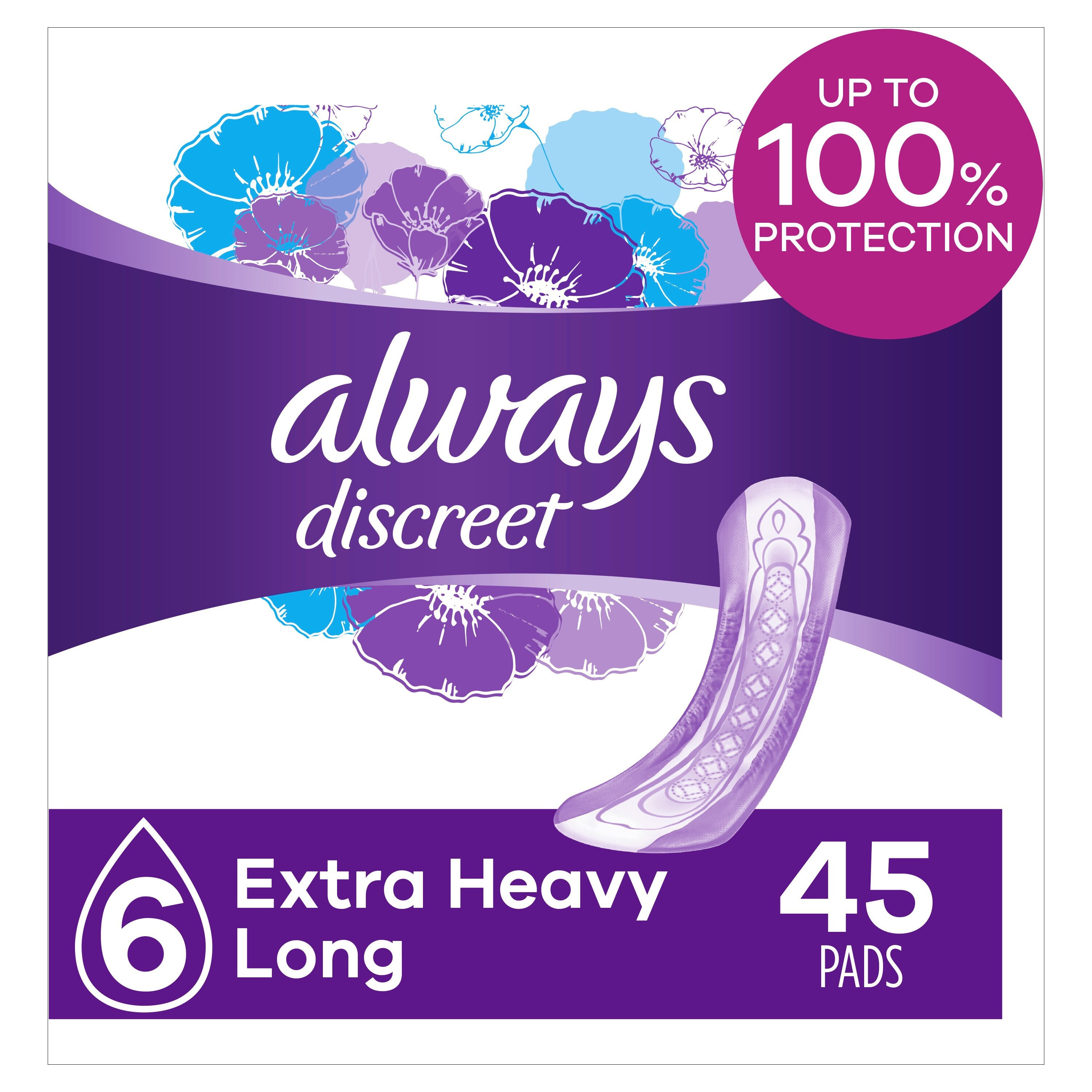 Always Discreet Incontinence Pads, Long, Extra Heavy Absorbency, 80348781, Pack of 45