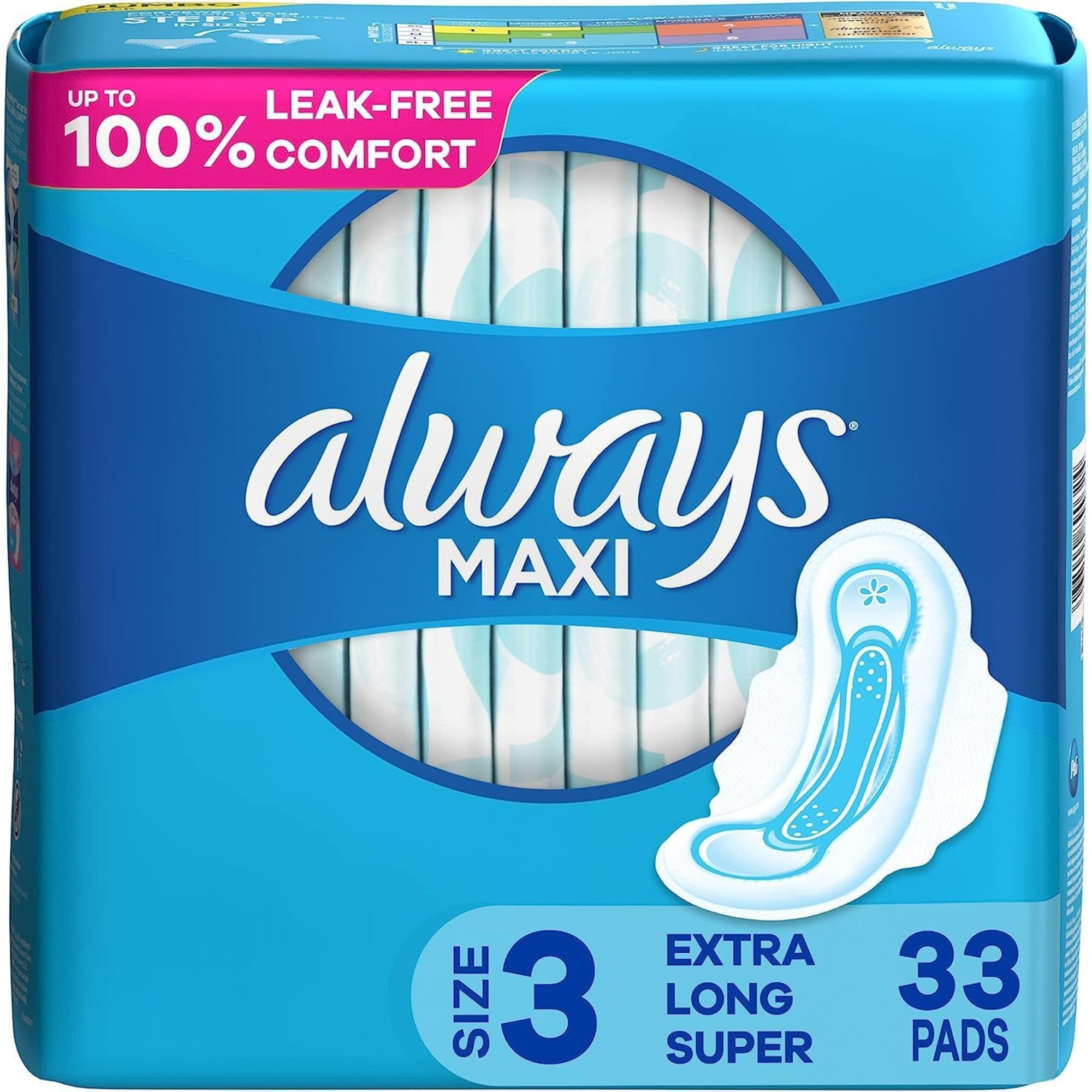 Always Maxi Pads with Wings,Size 3, Extra Long, Super Absorbency, 80352302, Pack of 33
