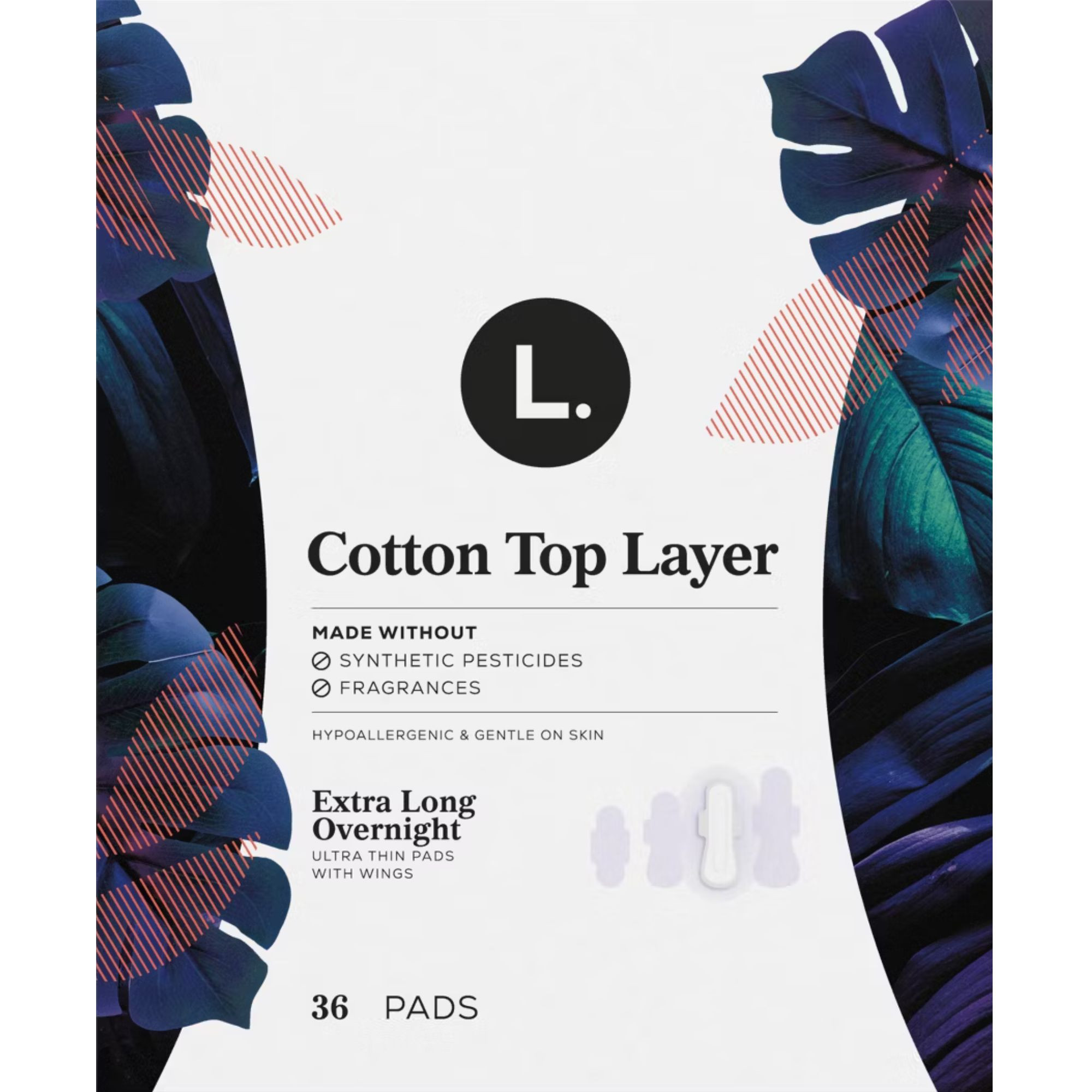 L. Chlorine Free Ultra Thin Pads with Wings,  Overnight Absorbency, 80353650, Pack of 36