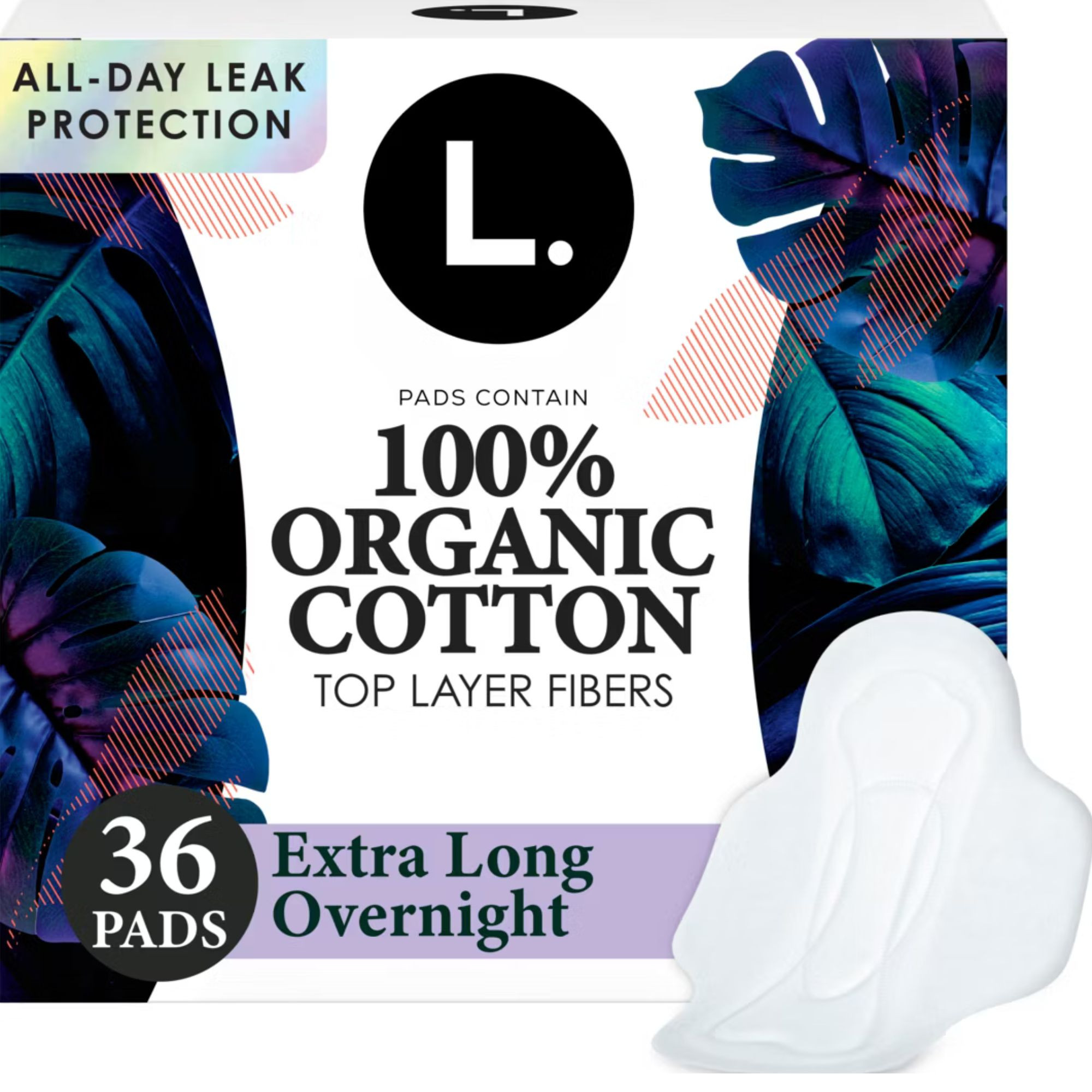 L. Chlorine Free Ultra Thin Pads with Wings,  Overnight Absorbency, 80353650, Pack of 36