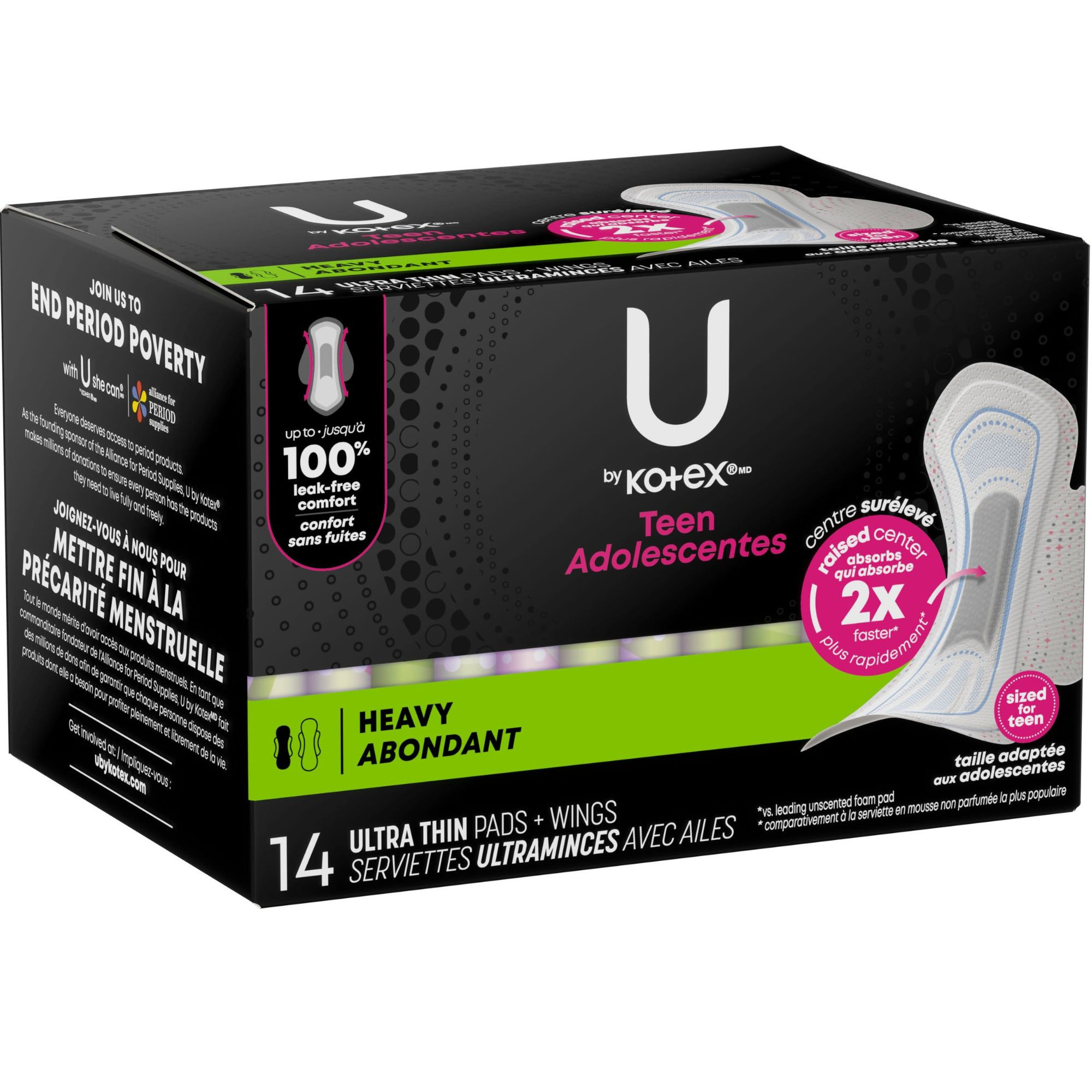 U by Kotex Teen Ultra Thin Pads with Wings, Extra Absorbency, 51752, Pack of 14