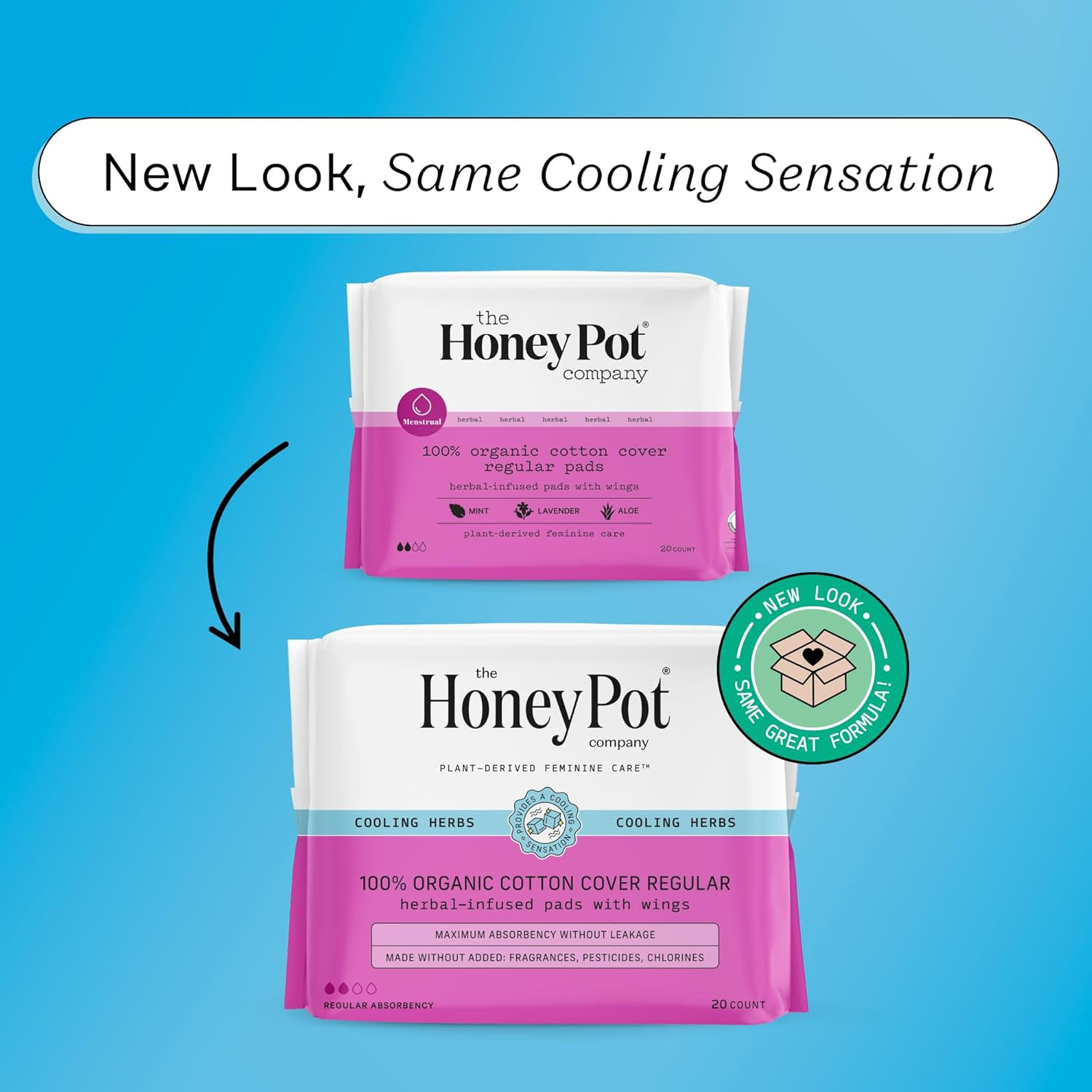 The Honey Pot Organic Cotton Herbal Pads with Wings, Regular Absorbency
