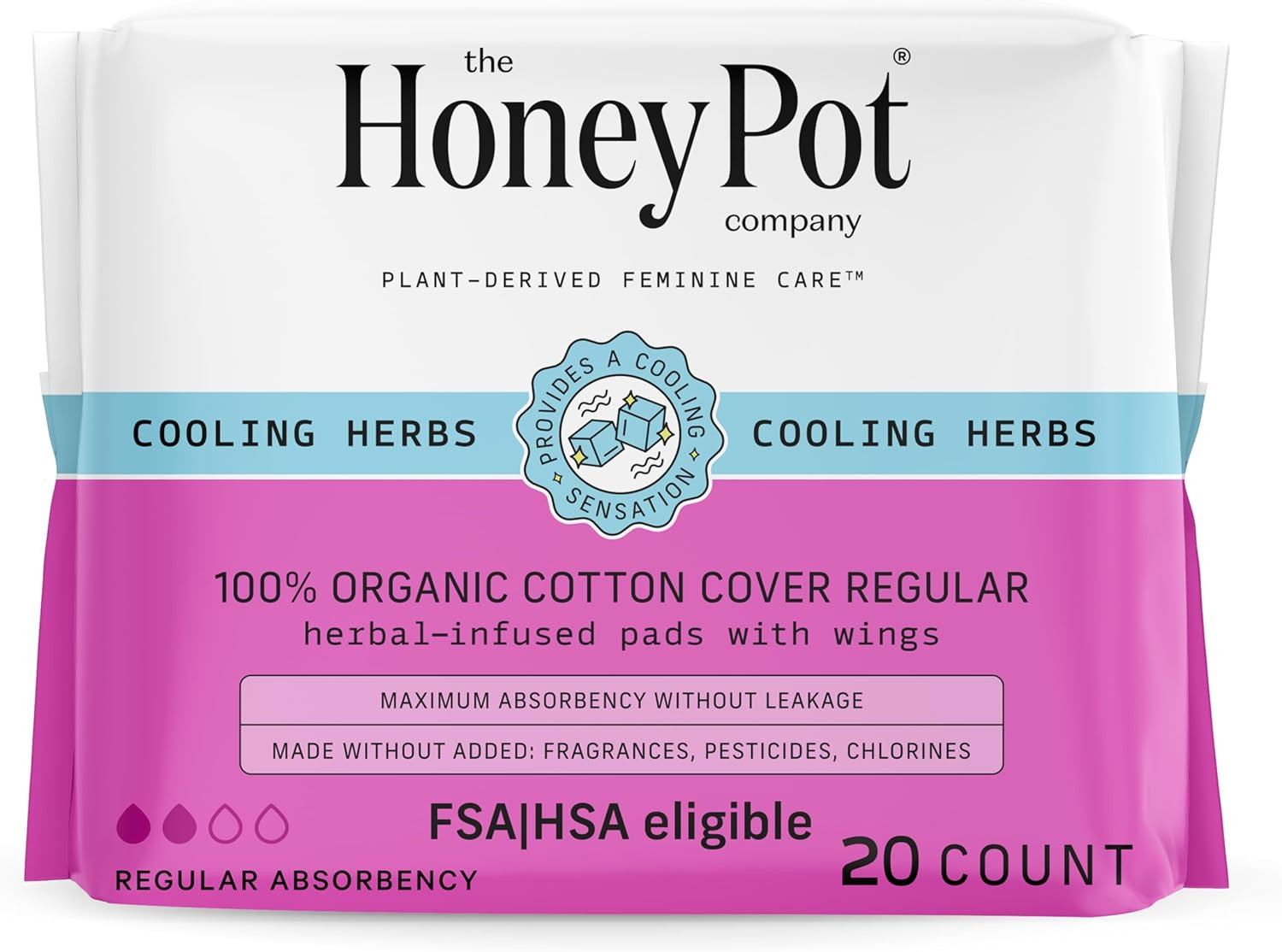 The Honey Pot Organic Cotton Herbal Pads with Wings, Regular Absorbency