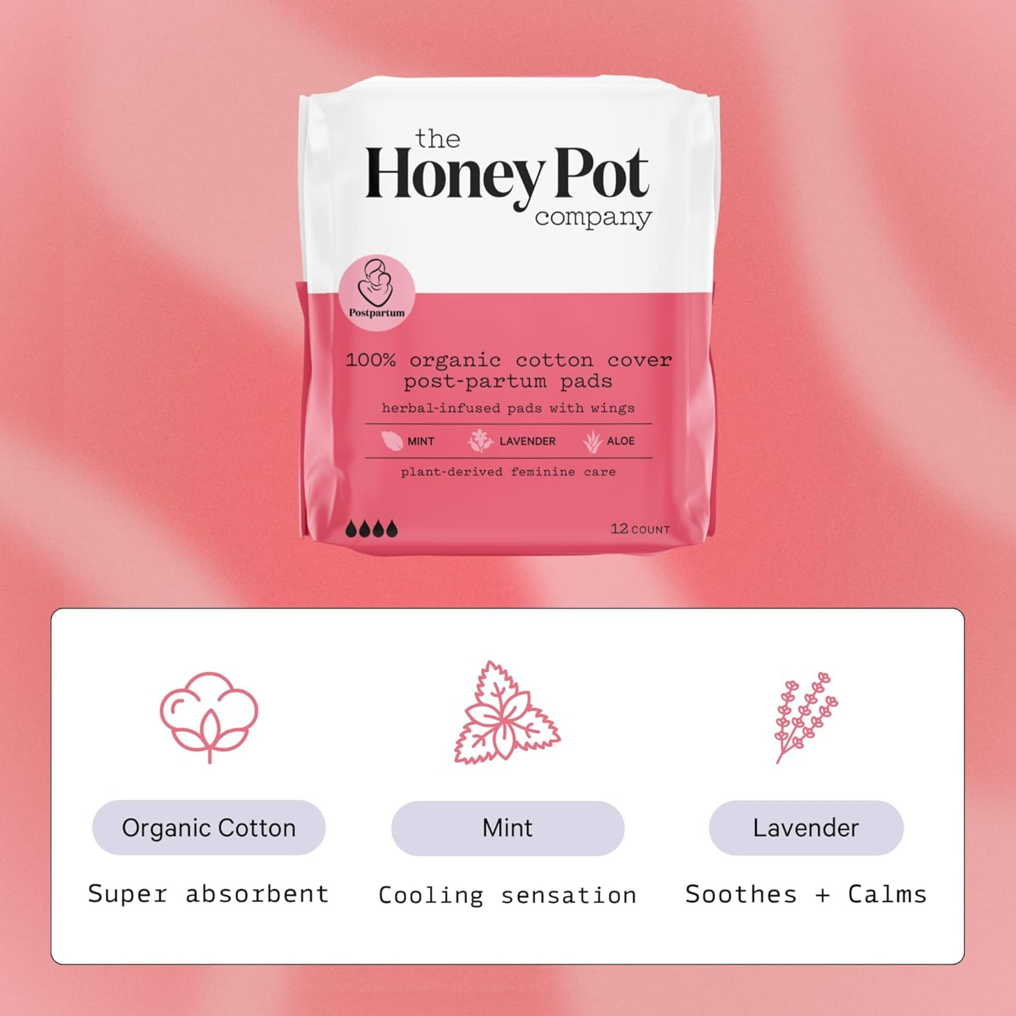 The Honey Pot Organic Cotton Post-Partum Pads, F8995, Pack 12