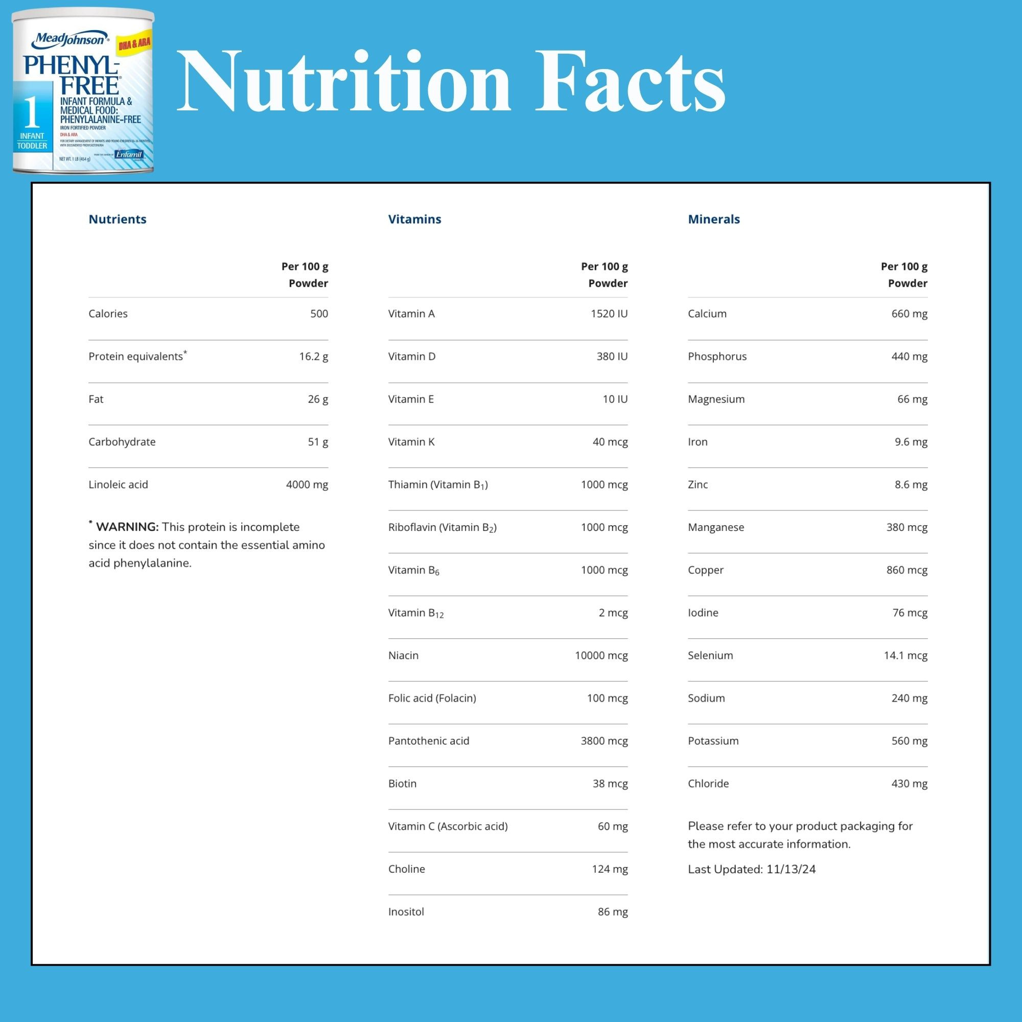 Mead Johnson Phenyl-Free 1 Infant Formula & Medical Food Powder, 1 lb