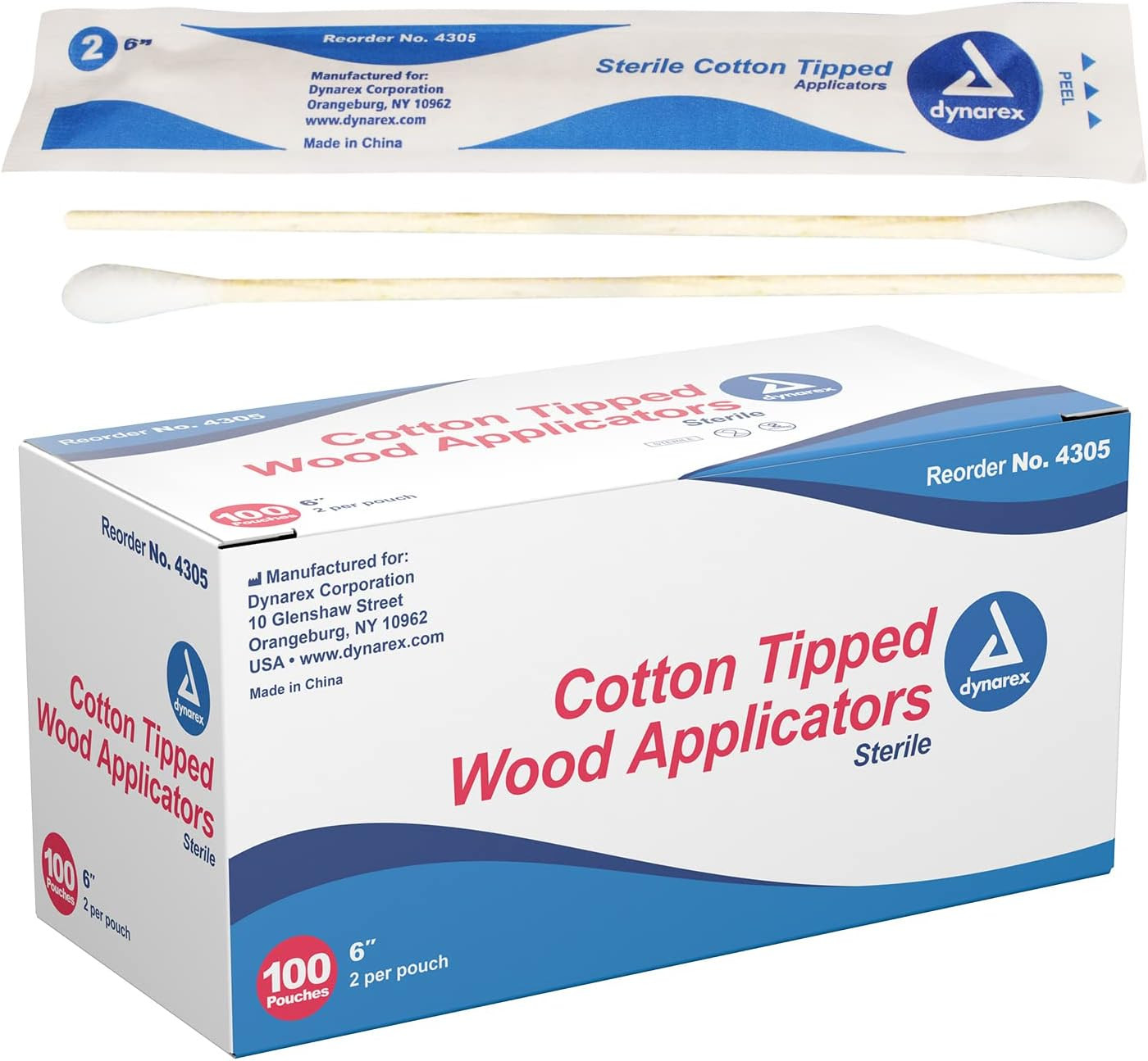 Dynarex Cotton Tipped Applicator with Wood Shaft, 4305, Box of 100