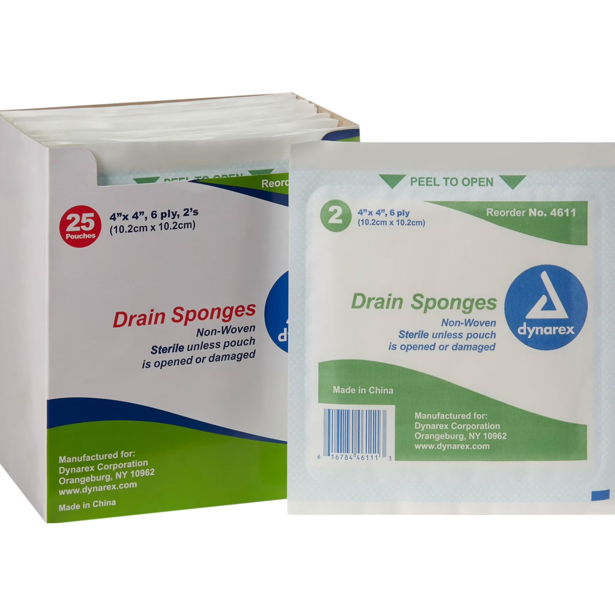 Dynarex Non Woven Drain And IV Sponges, 6 Ply, Sterile, 4" x 4", 4611, Case of 300