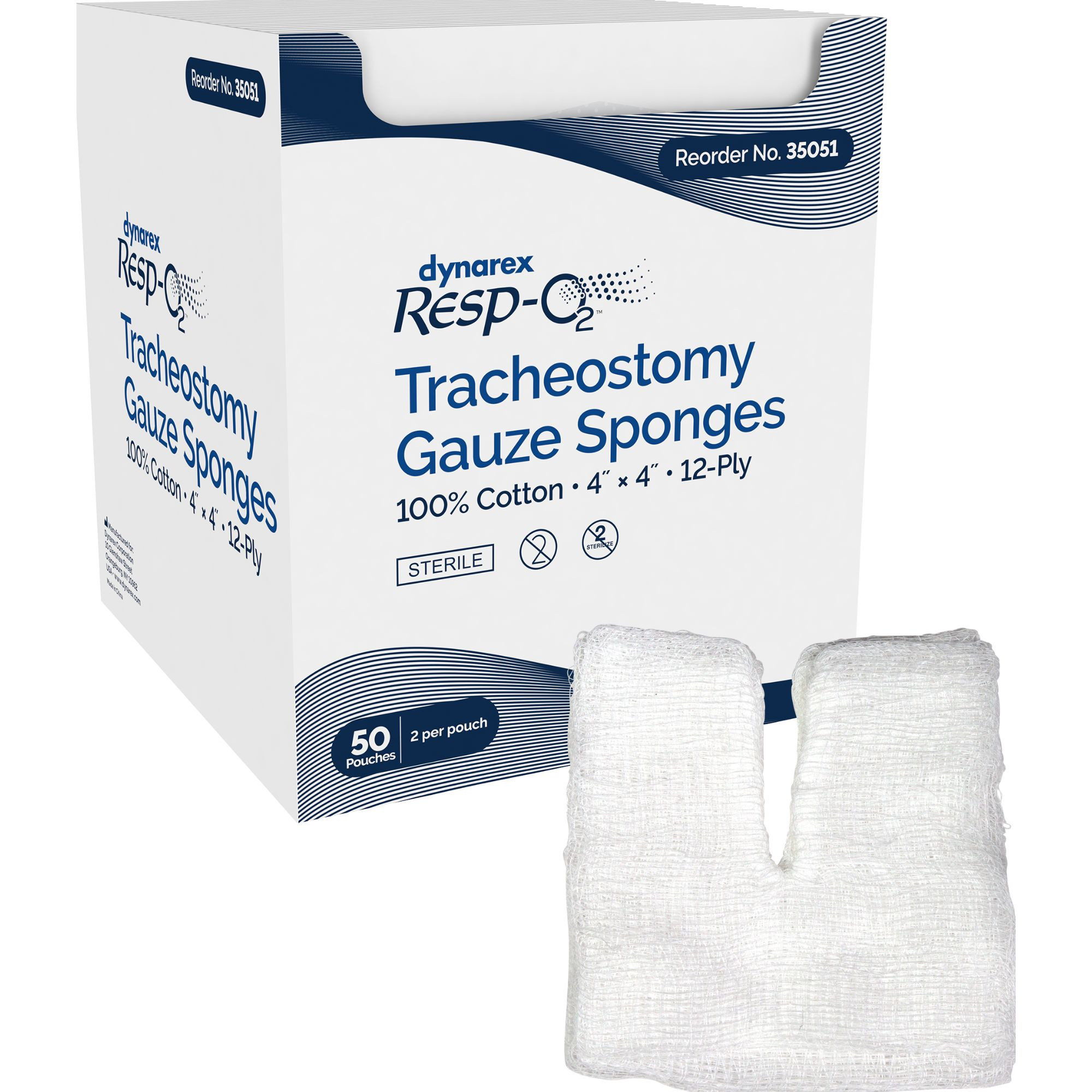 Dynarex Tracheostomy Sponge, 12 Ply, 4" X 4", 4612, 4 X 4 inches -  Box of 50