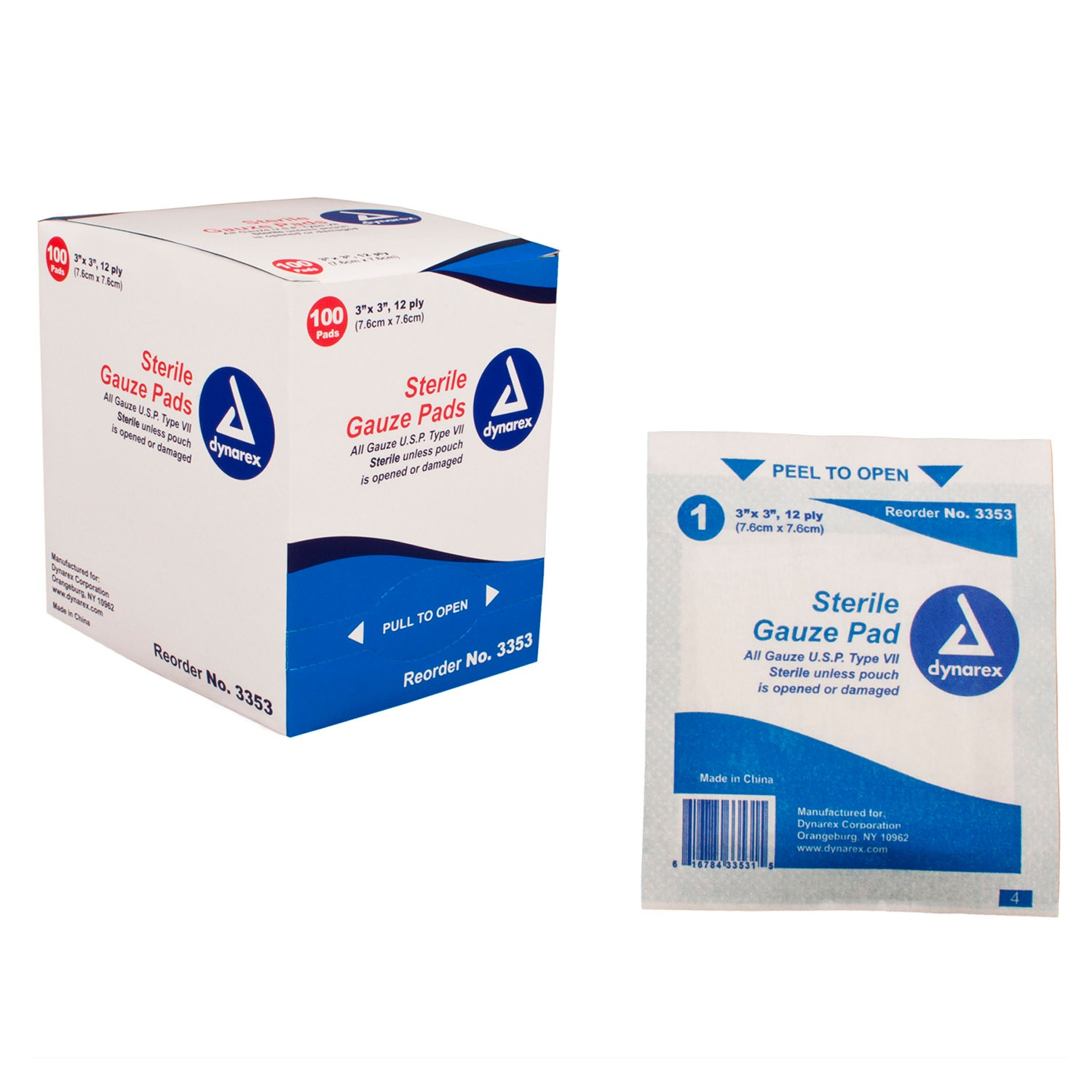 Dynarex Gauze Pads, 12-Ply, Sterile, 3353, 3 X 3 inches - Box of 100