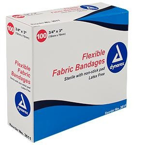 Dynarex Flexible Fabric Adhesive Bandage, Sterile, Latex-free, 3/4" x 3", 3611, Case of 2400