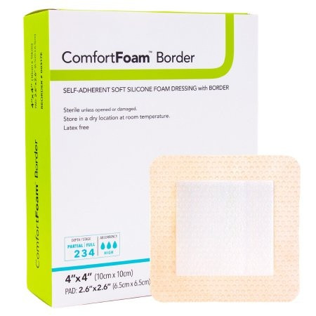 DermaRite ComfortFoam Border Self-Adherent Soft Silicone Foam Dressing with Border,  Sterile, 4 X 4", 00317E, Box of 10