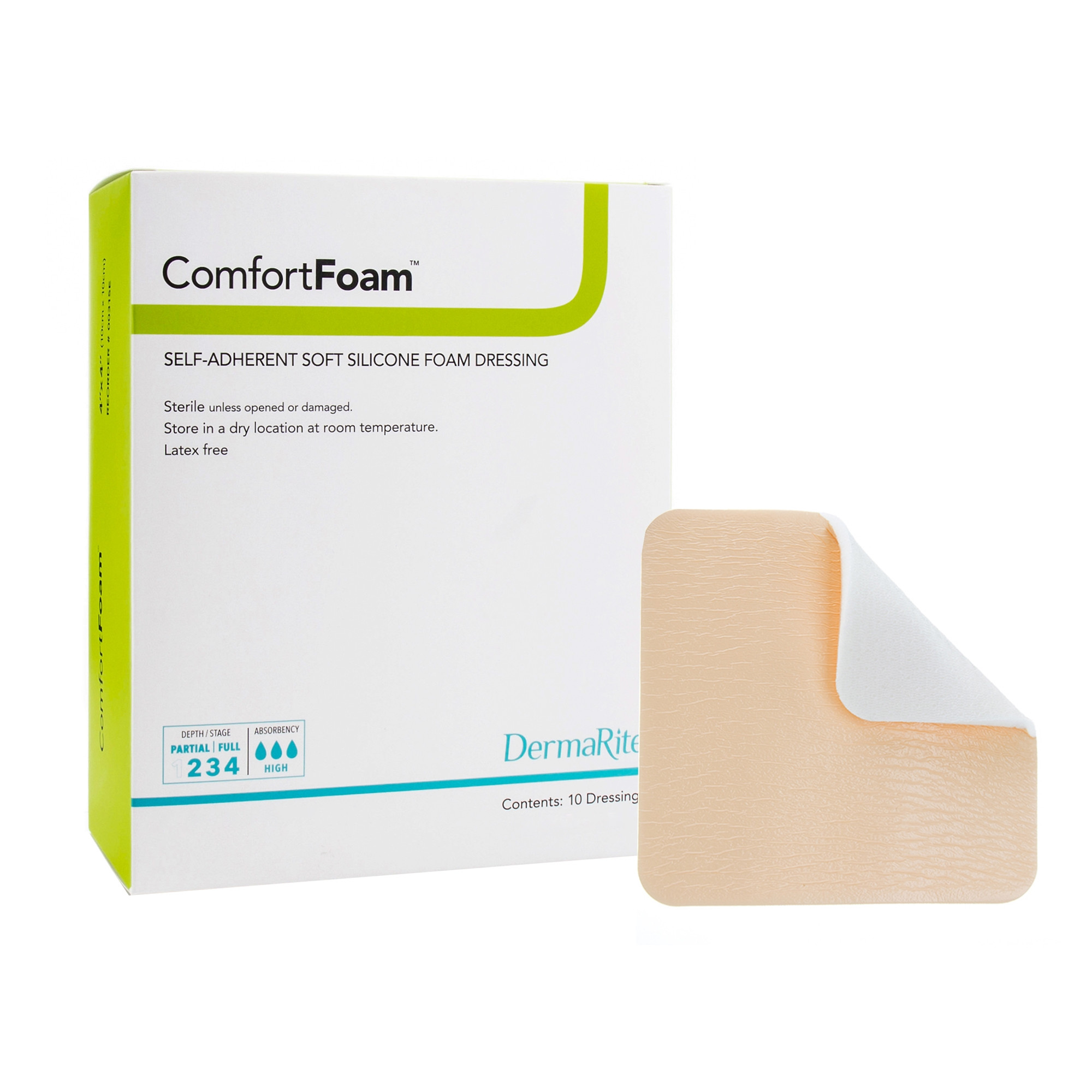 DermaRite ComfortFoam Border Self-Adherent Soft Silicone Foam Dressing,  Sterile, 3 X 3", 44330, Box of 10