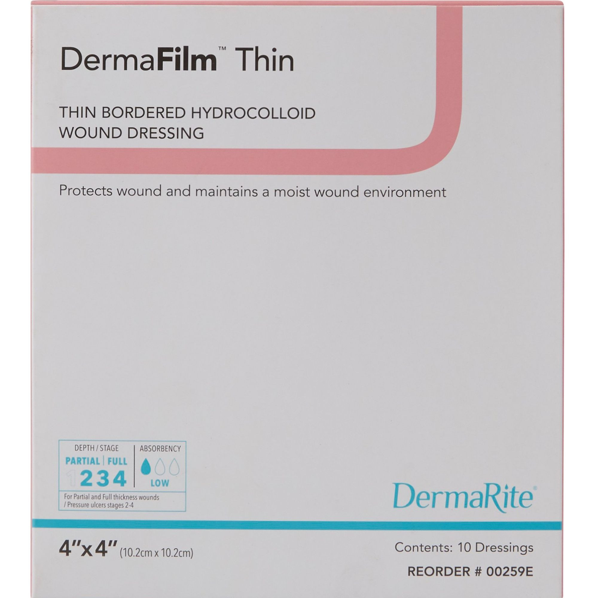 DermaRite DermaFilm Thin Bordered Hydrocolloid Wound Dressing, Sterile, 4 X 4", 00259, Box of 10