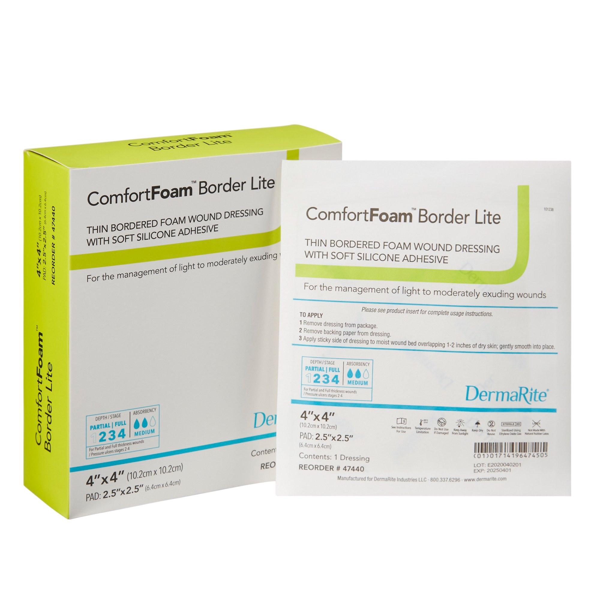 DermaRite ComfortFoam Border Lite Thin Bordered Foam Wound Dressing with Soft Silicone Adhesive, Sterile, 4 X 4", 47440, Box of 10