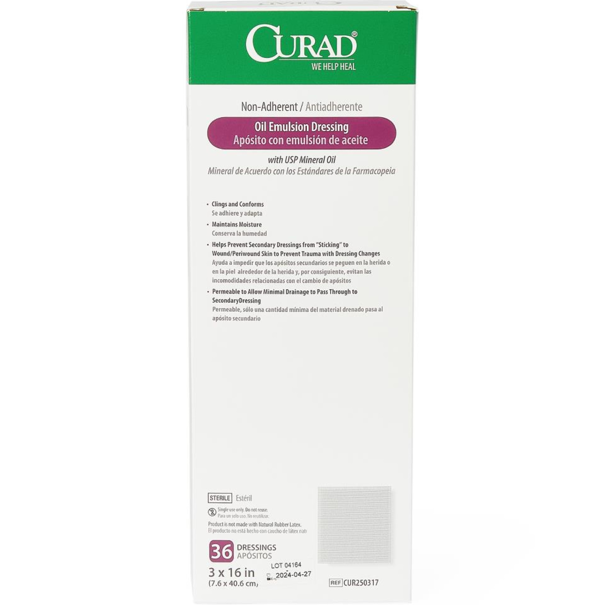 Curad Non-Adherent Oil Emulsion Gauze Dressings, 3 x 16 inches