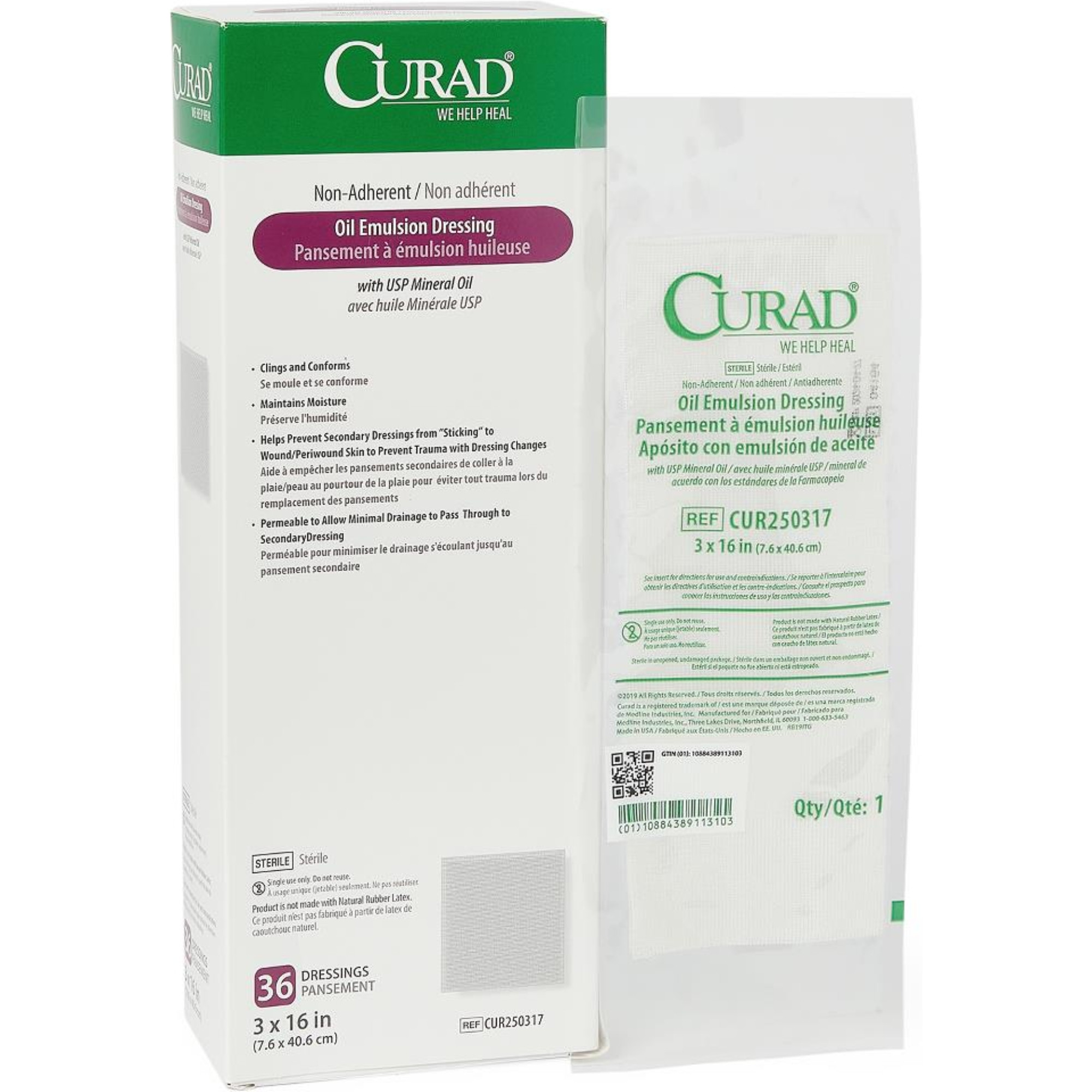 Curad Non-Adherent Oil Emulsion Gauze Dressings, 3 x 16 inches