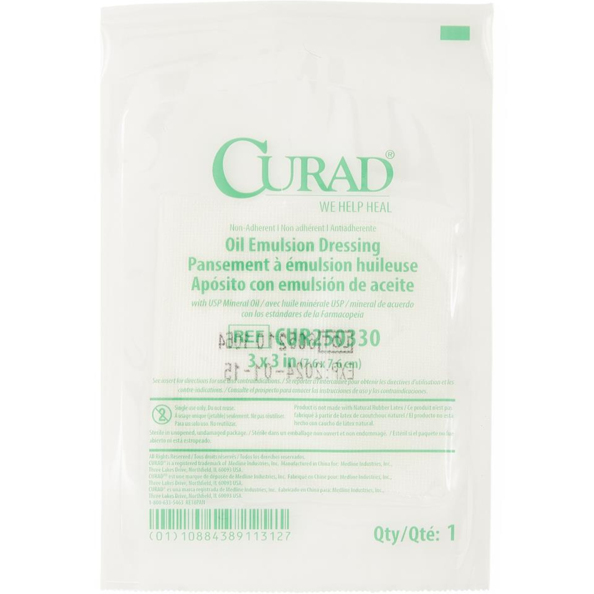 Curad Non-Adherent Oil Emulsion Gauze Dressings, 3 x 3 inches
